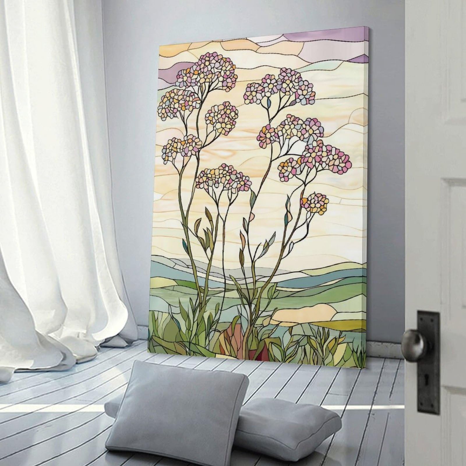 Junmoney Stained Glass Floral Landscape Canvas Wall Picture, 08x12inch(20x30cm), for Entrance Spaces, Stair Walls Or Halls, A Stylish Accent for Home Entrances