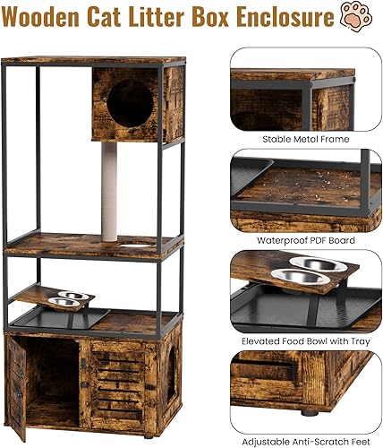 Miniatura 8 de Lamerge Árbol para gatos con caja de arena, caja de arena grande todo en 1, condominio para gatos con postes rascadores y cuenco de alimentación