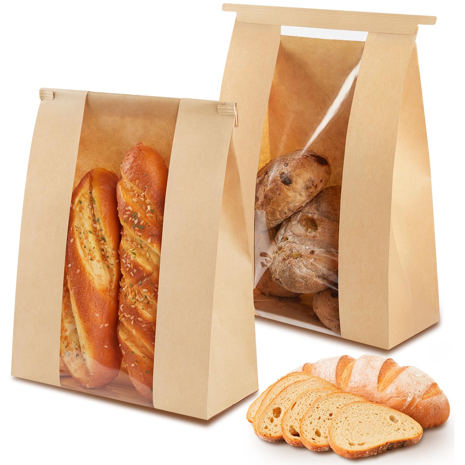 Ohuimrt 100 bolsas de pan de papel kraft, 13.7 x 8.2 x 3.5 pulgadas, bolsas de panadería marrones con ventana de estaño con bloqueo de pestaña de amarre grandes bolsas de almacenamiento para masa