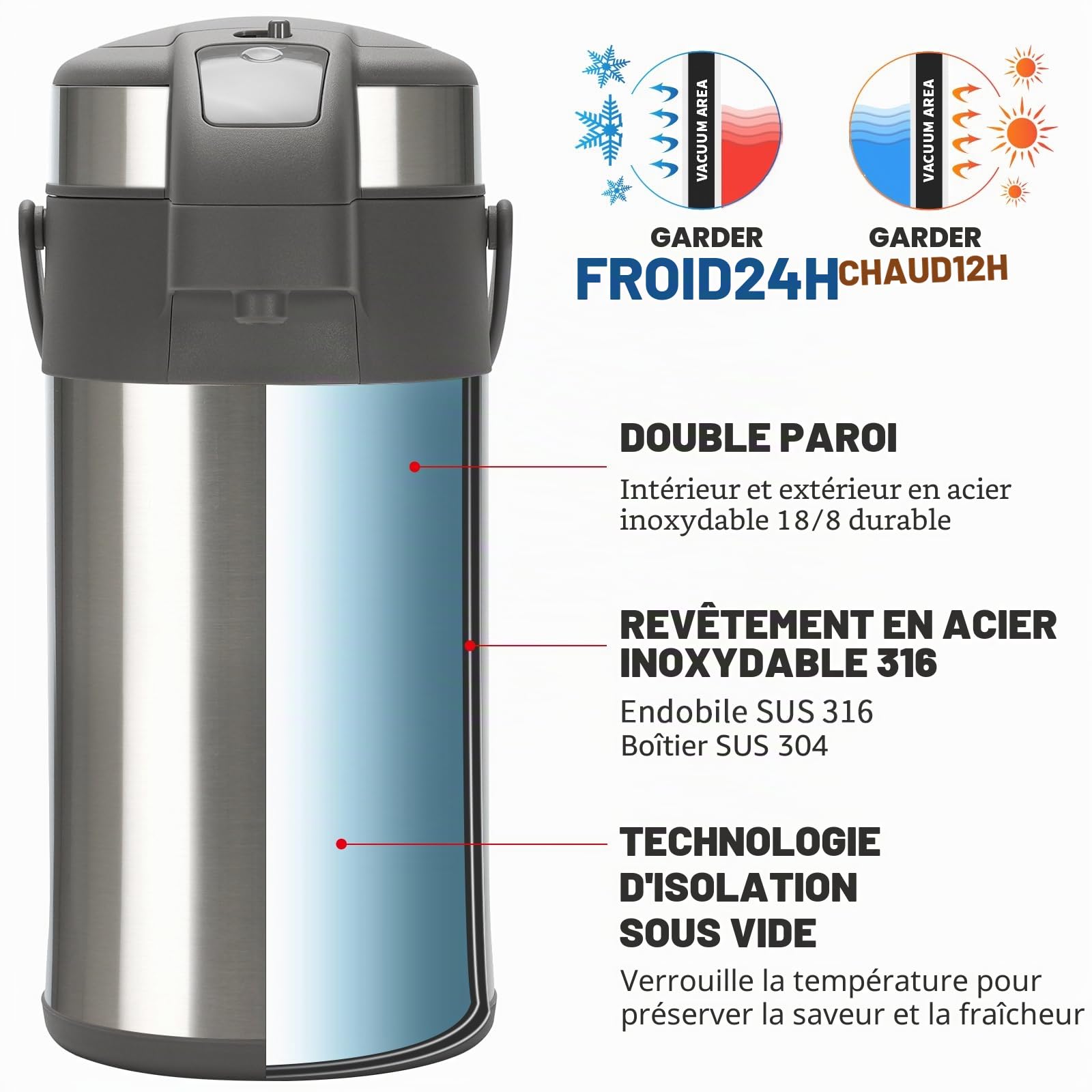 Cafetière isotherme à pompe de 4 l - En acier inoxydable - Double paroi - Avec mécanisme de pompe - Carafe à café pour 24 tasses - Argenté