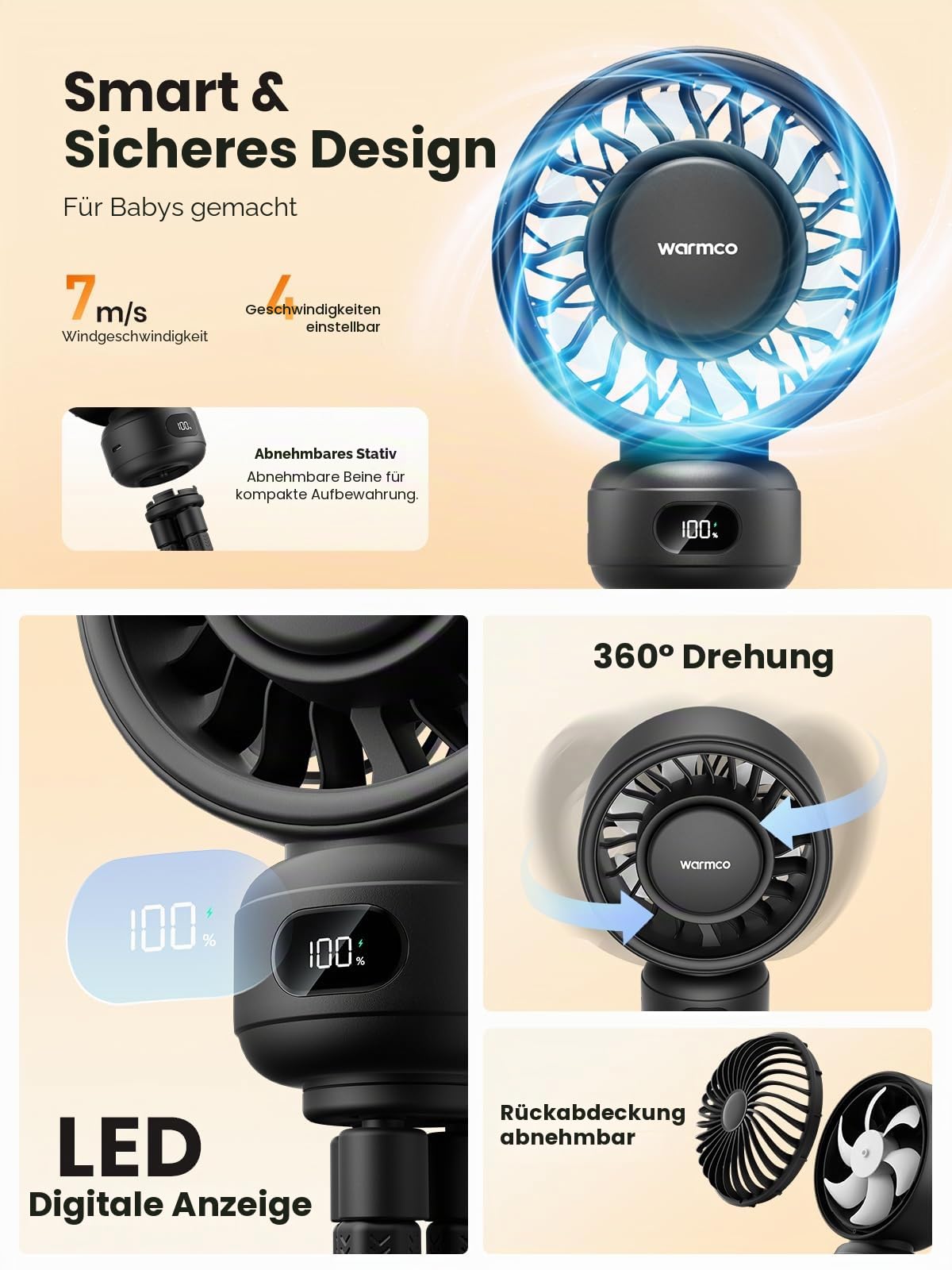 Warmco Tragbarer Kinderwagen-Ventilator, 4000 mAh, wiederaufladbarer Clip-On-Stativventilator (bis zu 15 H), 4 Geschwindigkeiten, LED-Display, abnehmbare Frontabdeckung, leiser Betrieb, für Autositz