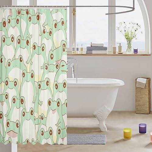 Miniatura 3 de Homewish Cortina de ducha con diseño de rana verde, juego de cortina de ducha para niños y adultos, diseño de animales kawaii con dibujos animados,