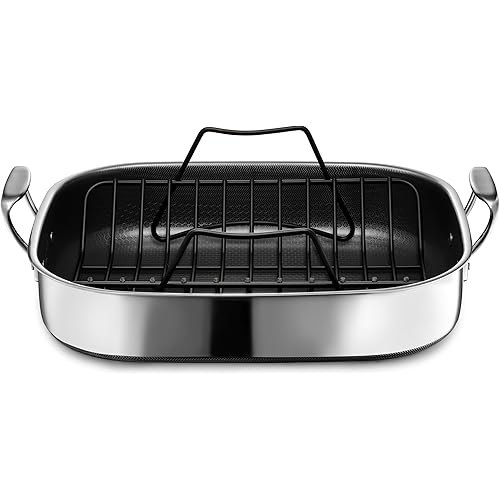 HexClad Hybrid Nonstick Roasting Pan with Rack, Dishwasher-Friendly, Oven-Safe Up to 900°F, Compatible with All Cooktops