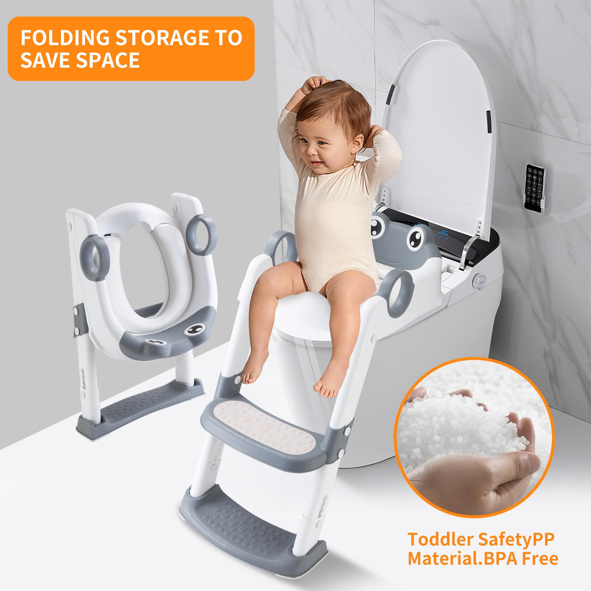 Riduttore WC per Bambini, Sedile per WC per Bambini con Scaletta,Con Corrimano di Sicurezza, Cuscino in PVC, Pieghevole, Adatto a Bambini da 1 a 7 Anni (Grigio Bianco)