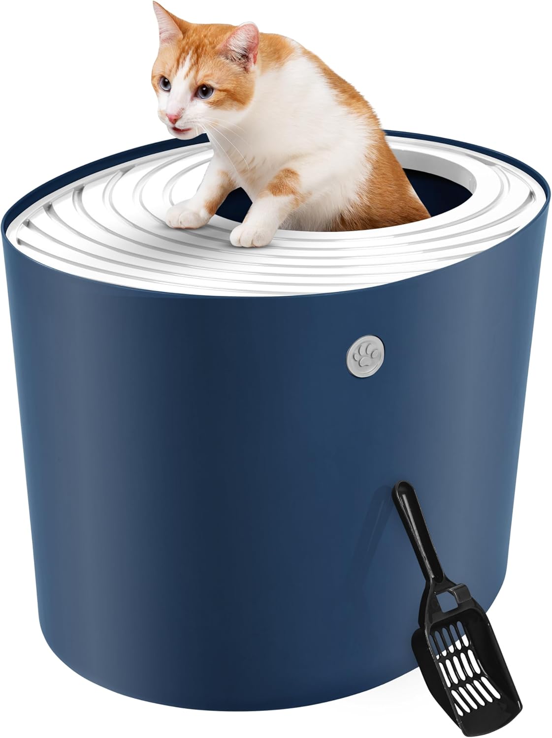 IRIS USA Cat Litter Box, Large Top Entry with Litter Catching Lid and Scoop, Dog Proof, Cat Box Enclosure, Navy/White Top Entry Navy
