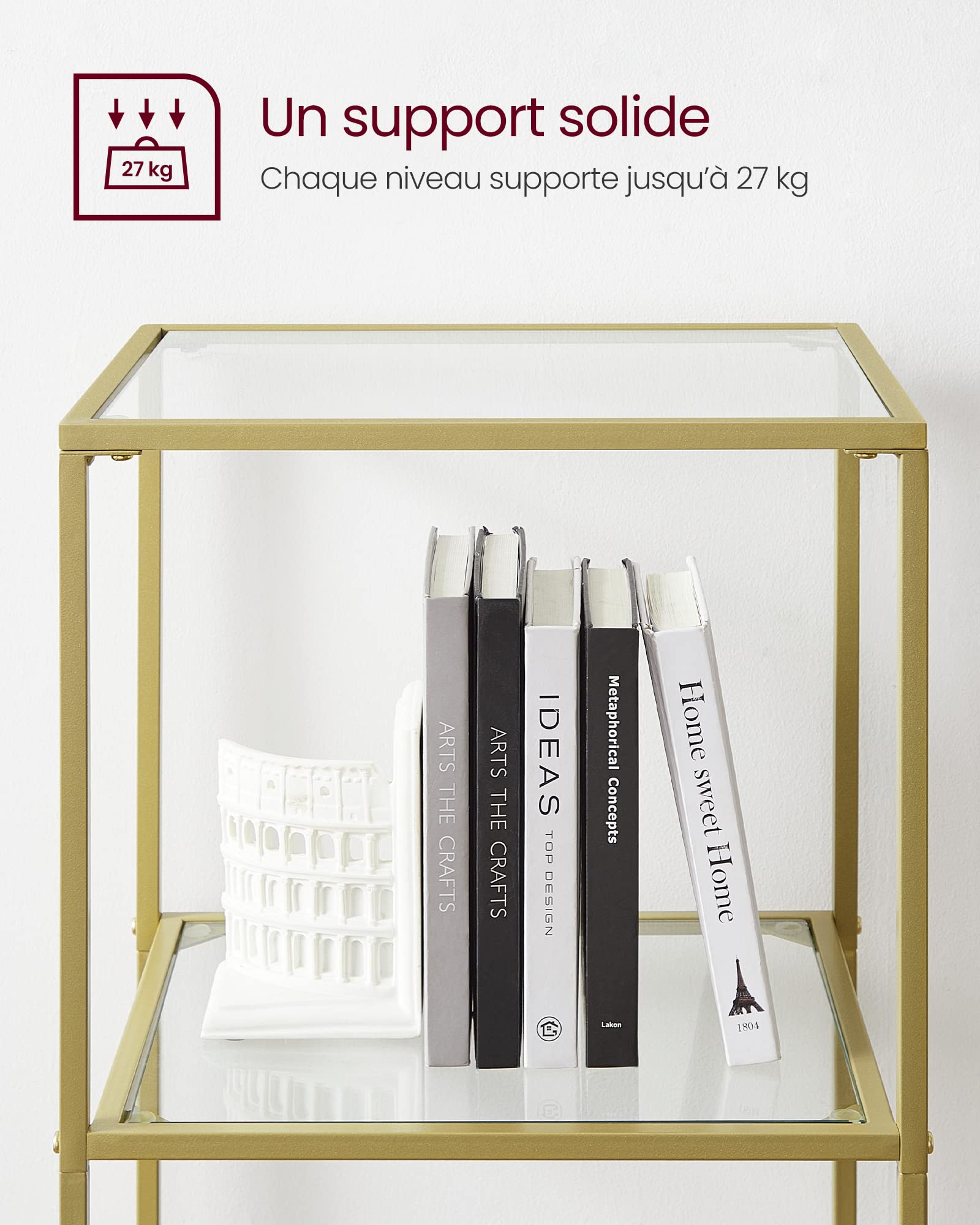 VASAGLE Étagère en Verre à 6 Niveaux, Bibliothèque, Étagère de Rangement, Verre Trempé, Facile à Monter, pour Salle de Bain, Salon, Chambre, Bureau, Doré LGT500A01