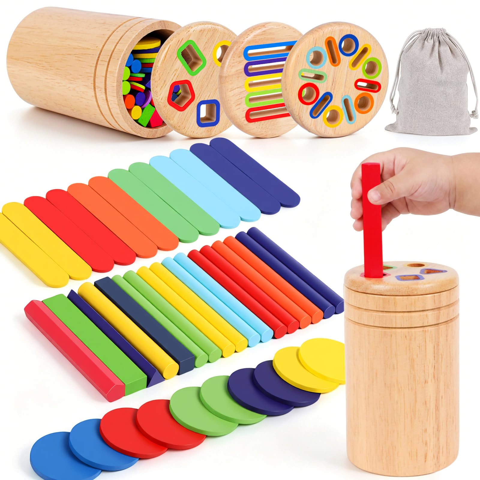 Montessori Toys for 1 2 Year Old Boys Girls, 4 in 1 Wooden Toddler Toys 1 2 Year Old Boys Girls Travel Sensory Toys, 1 2 Year Old Boy Girl Birthday Gifts, Color Sorting, Stacking & Plugging Toys