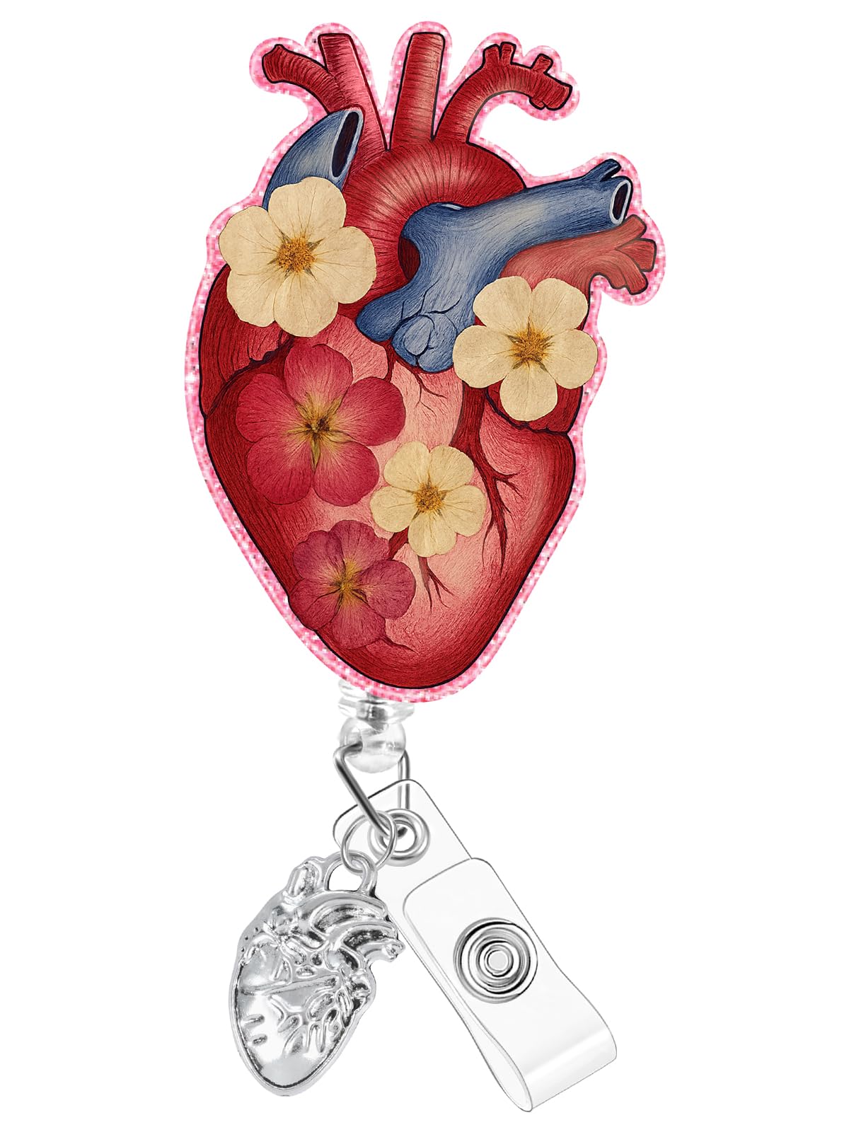 Plifal Nurse Badge Reel Holder Clip - Cardiac Heart Floral Retractable ID Name Card Badge Reel with Charm Alligator Clip, Nurse Nursing Office Medical Worker Student Accessories Gifts