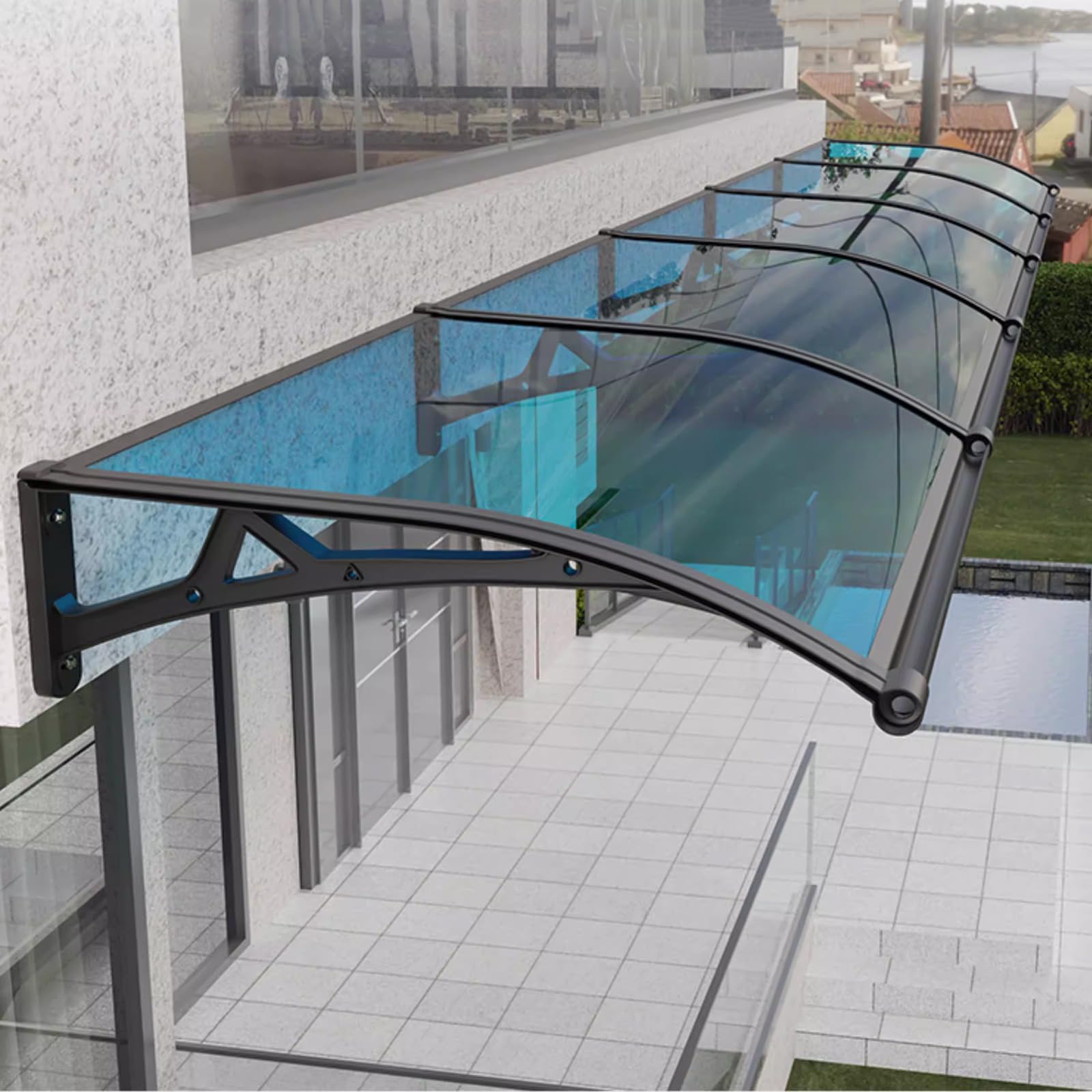 Auvent de porte en aluminium et polycarbonate bleu 120x320cm pour abri d'entrée extérieur