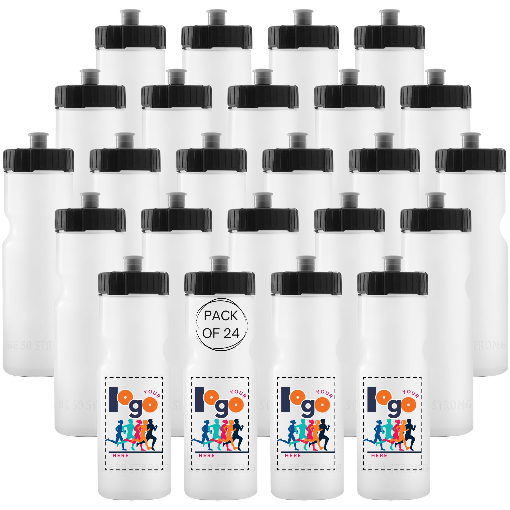 50 Strong Botellas de agua a granel | Paquete de 24 botellas deportivas | 22 onzas | Sin BPA fácil de abrir con tapa superior | Fabricadas en Estados Unidos | Botellas de agua de plástico