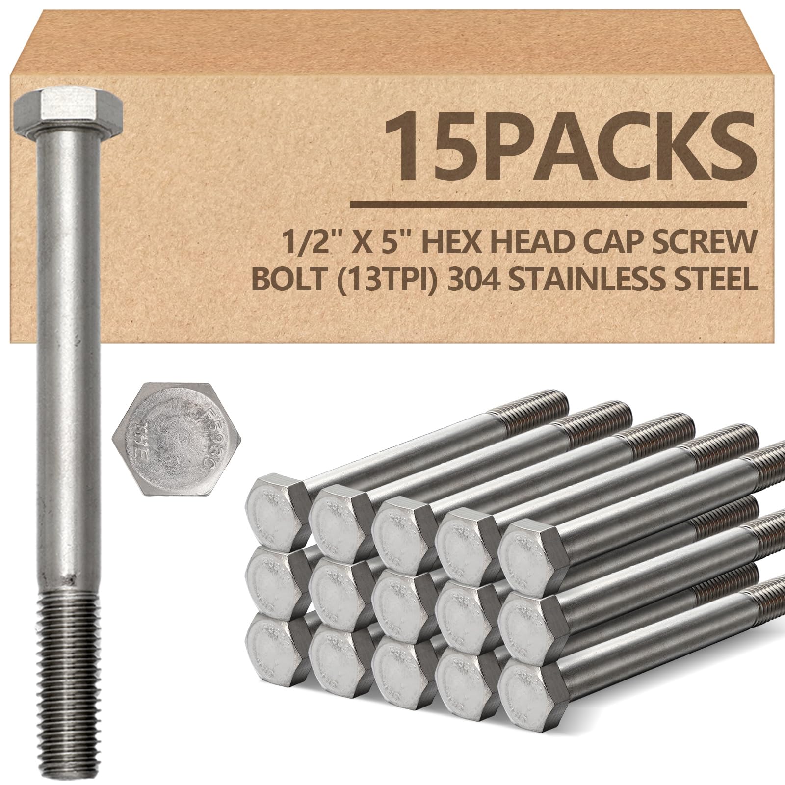 Photo 1 of Otoolling Hex Head Cap Screw Bolts, 1/2-13 x 5", 304 Stainless Steel, 15 Pack