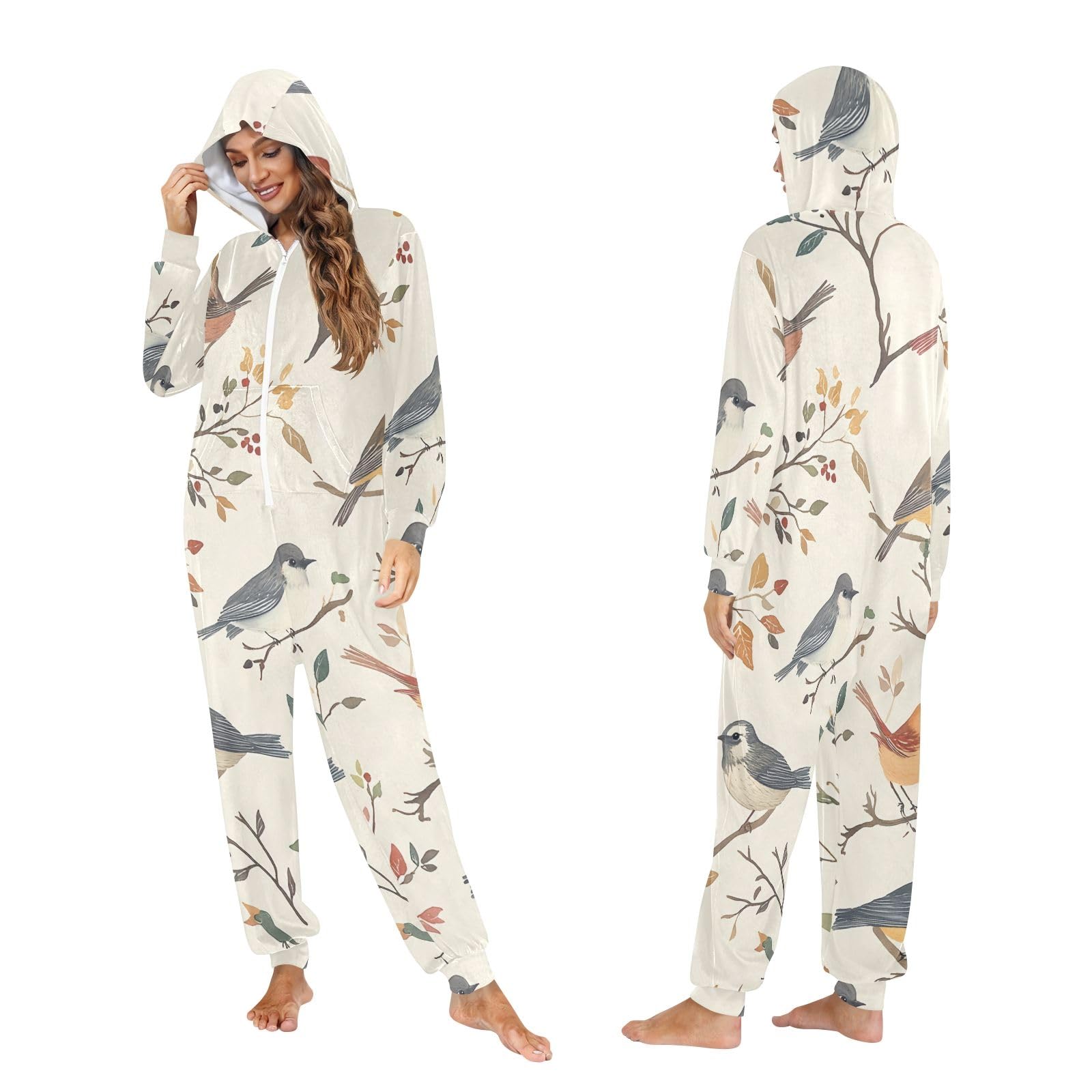 Pigiama intero natalizio con foglie e uccelli colorati, con cappuccio e cerniera, in pile, per donne e uomini, XL