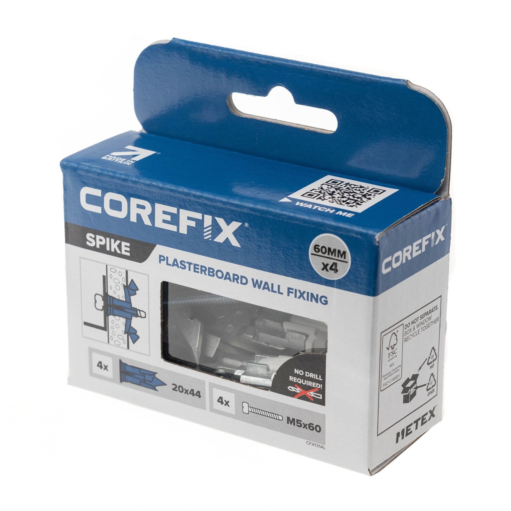Corefix M5 X 60Mm Spike No Drill Self Driving Plasterboard Wall Fixings, 4 Pack