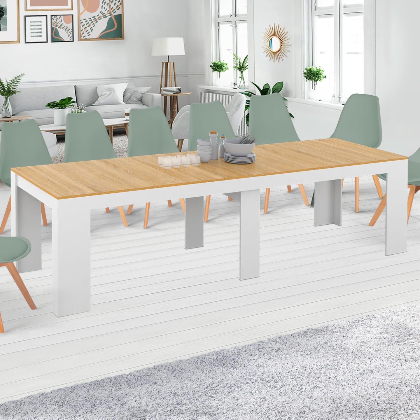 IDMarket – Mesa consola extensible Orlando para 14 personas, 300 cm, color blanco y estilo haya