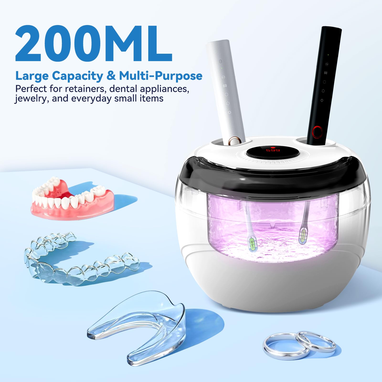 Dental Ultrasonic Retainer Cleaner Machine - Dental Cleaning Pod Protezy, Ochraniacz jamy ustnej, Aligner, Night Guard