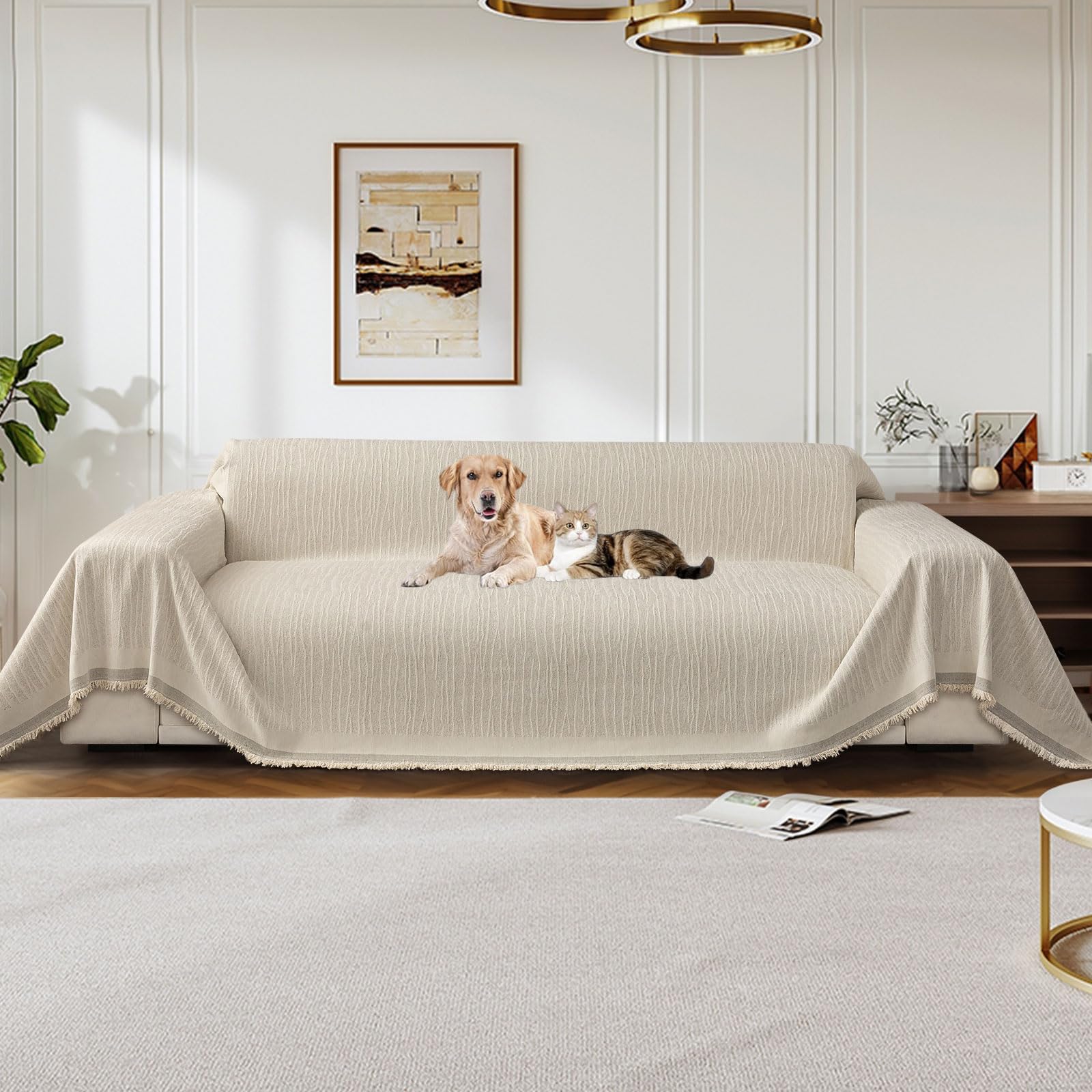LiveGo Chenille Sofa Cover for 3 Seater, Soft Non-Slip Slipcover with Tassel, All-Season Washable Couch Protector for Dogs, Decorative Futon & L Shaped Sofa Cover (Off White, 180×260 cm) — image 1