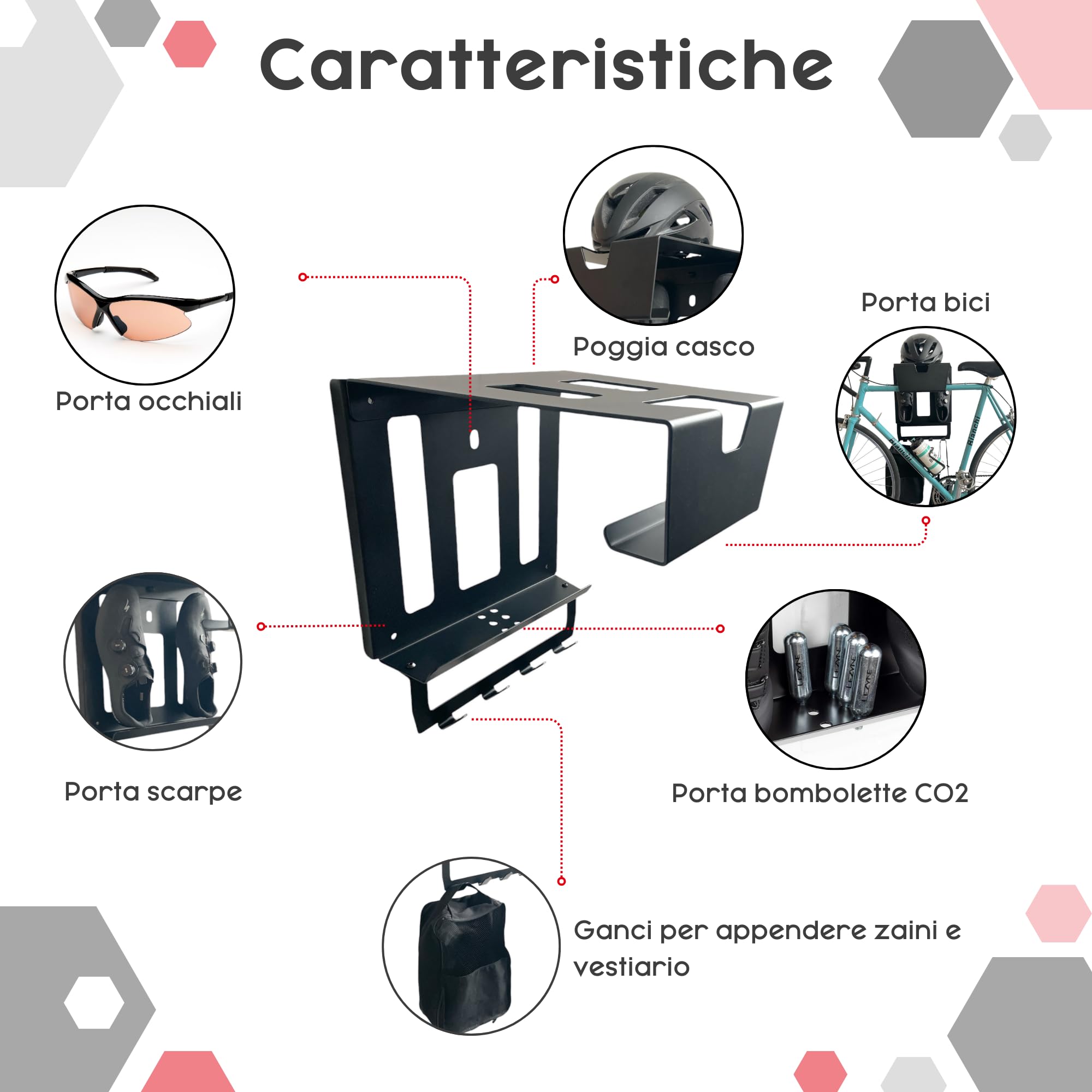 Supporto Da Parete Per Biciclette Porta Bici + Caschi + Ganci Porta Oggetti Per Garage o Casa Rack E-Byke Mtb Staffa