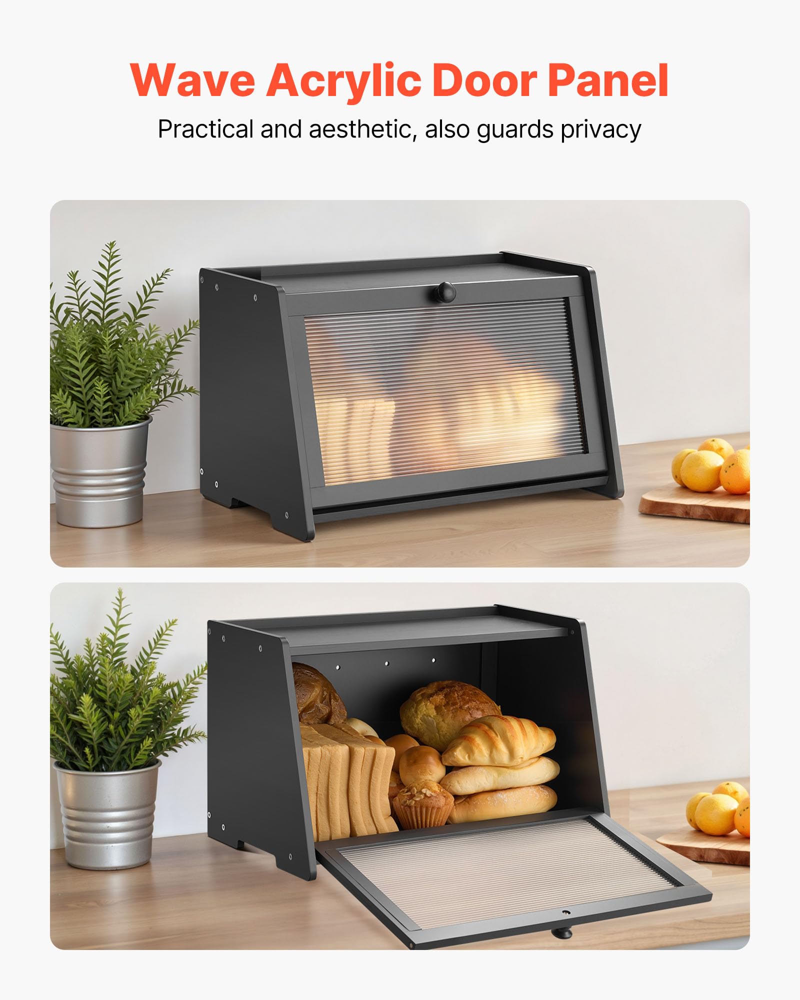 VEVOR Contenitore per Pane da Cucina 420 x 250 x 260 mm Contenitore per Pagnotta in Legno di Bambù per Pane Fatto in Casa, con Pannello Porta in Acrilico Ondulato, Forma di Trapezoidale, Nero