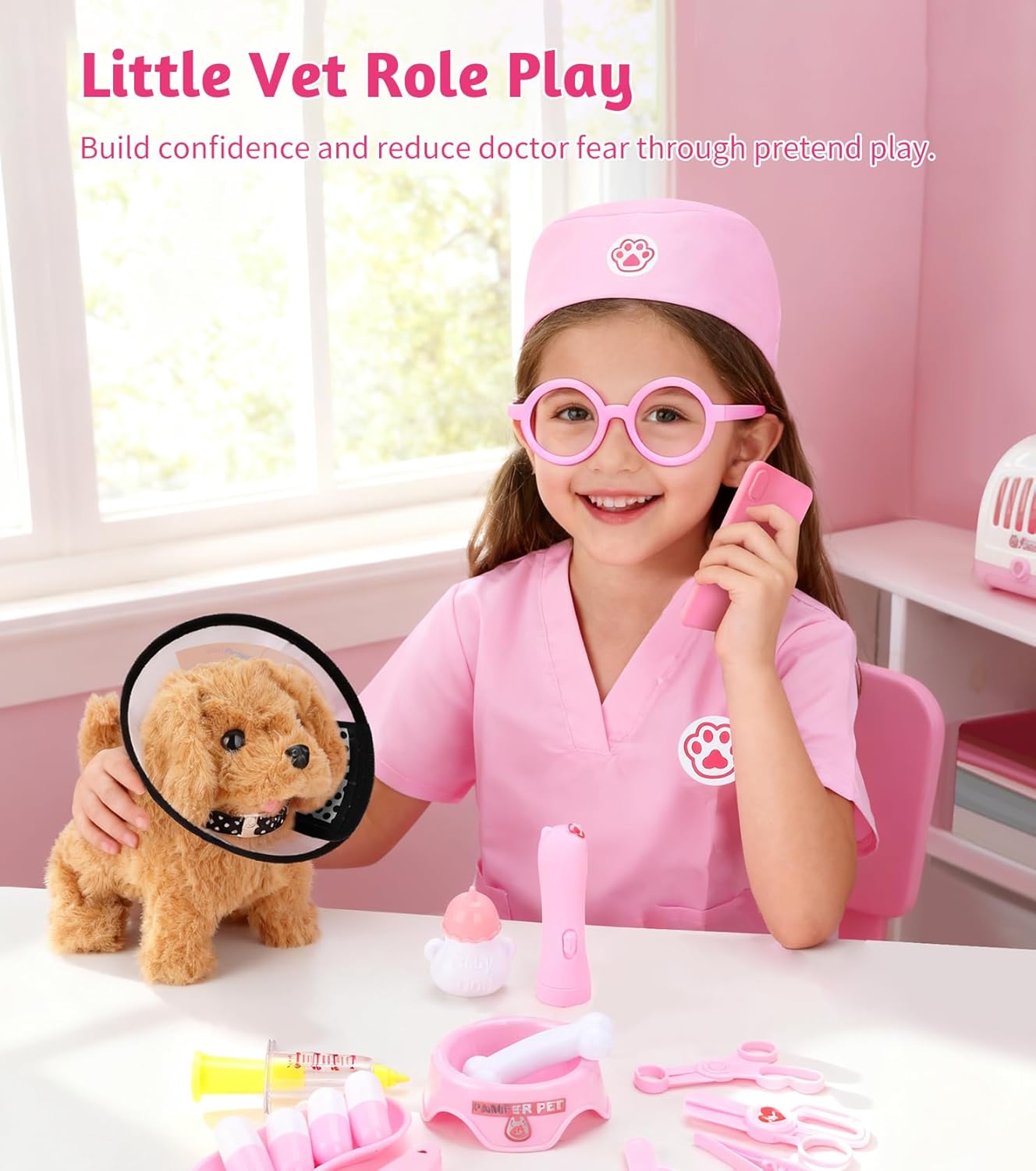 Toy Doctor Kit for Toddlers 3-5, Pretend Play Girls Toys with Electronic Interactive Dog, Stethoscope & Dress Up Costume, Educational Vet Role Playset Gift for Kids Ages 3 4 5