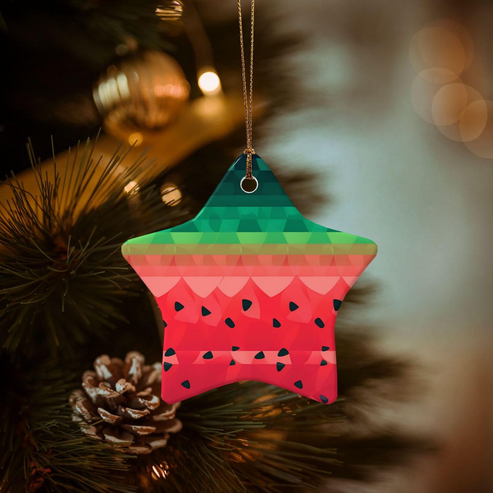 Christmas Tree Ornaments Ceramics Christmas Decorations Gradient Watermelon Ornaments with Gold Ribbon Porcelain Xmas Tree Crafts Star Shape Hanging Pendant for Christmas Tree Party Decor