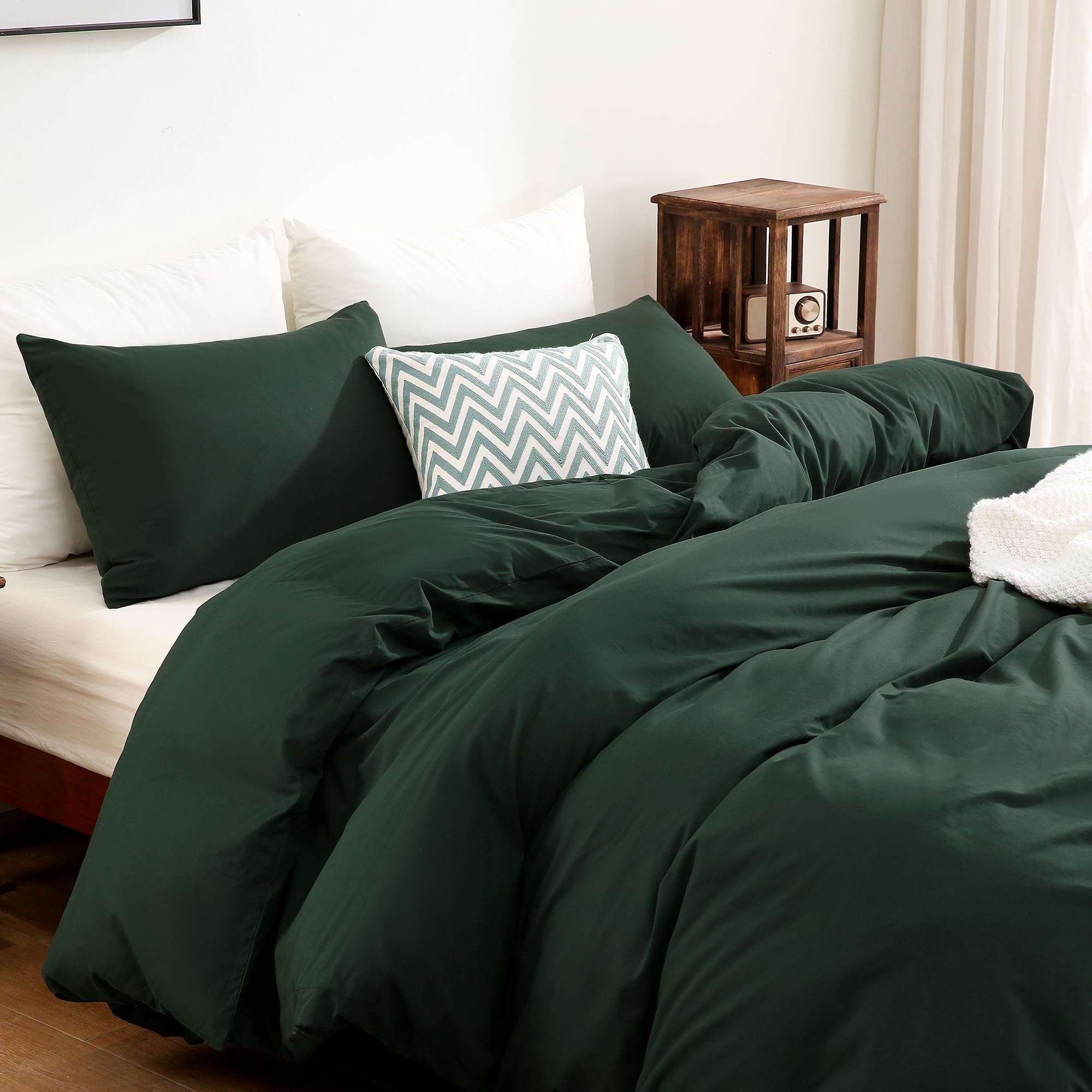 FANSTIVE Duvet Cover King Size, 100% Washed Cotton, Linen Like Super Soft and Breathable, 3 Pieces Dark Green Bedding Duvet Covers, Farmhouse Comforter Cover Set with Zipper Closure(No Comforter)