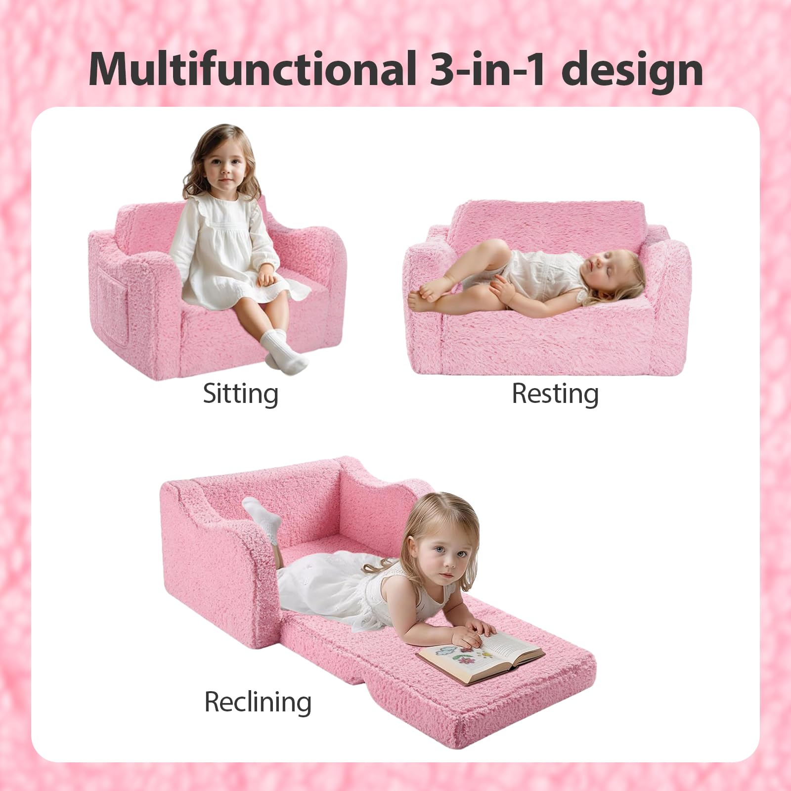 Fauteuil Enfant Convertible en Canapé-lit 2-en-1Parfait pour Jouer et Dormir avec Matelas Amovible, Coussin et Pouf Léger et Facile à Plier pour Filles et Garçons Fauteuil