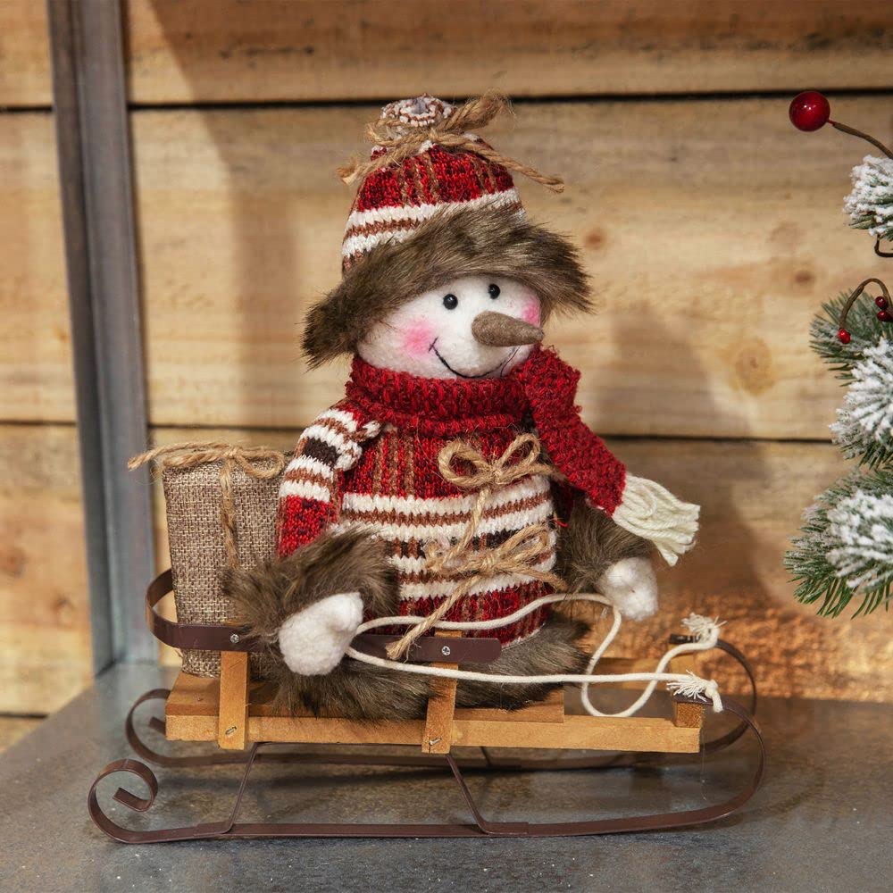 WIDDOP Rustic Fabric Snowman On a Sled Christmas Decoration