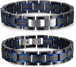 VNOX Custom Personalized Elegant Stainless Steel Two-Tone Blue&Black Link Bracelet for Men Husband Dad Son Gift,8.2"/8.6"
