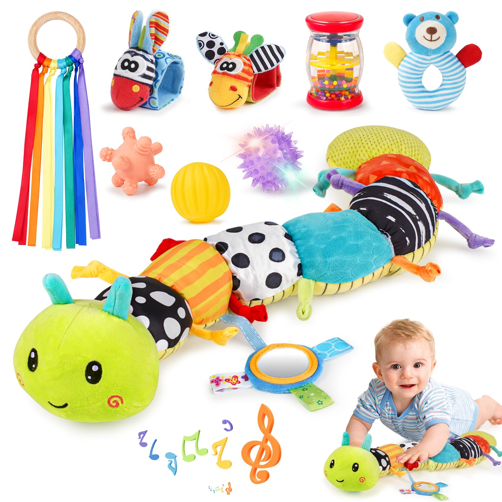 Joyreal Baby Toys 0-6 Months, 10pcs Newborn Sensory Toys Set, Baby Musical Caterpillar Toys, Rattles, Ribbons, Baby Essentials Sensory Box, Newborn Gifts for 3 6 9 12 Months