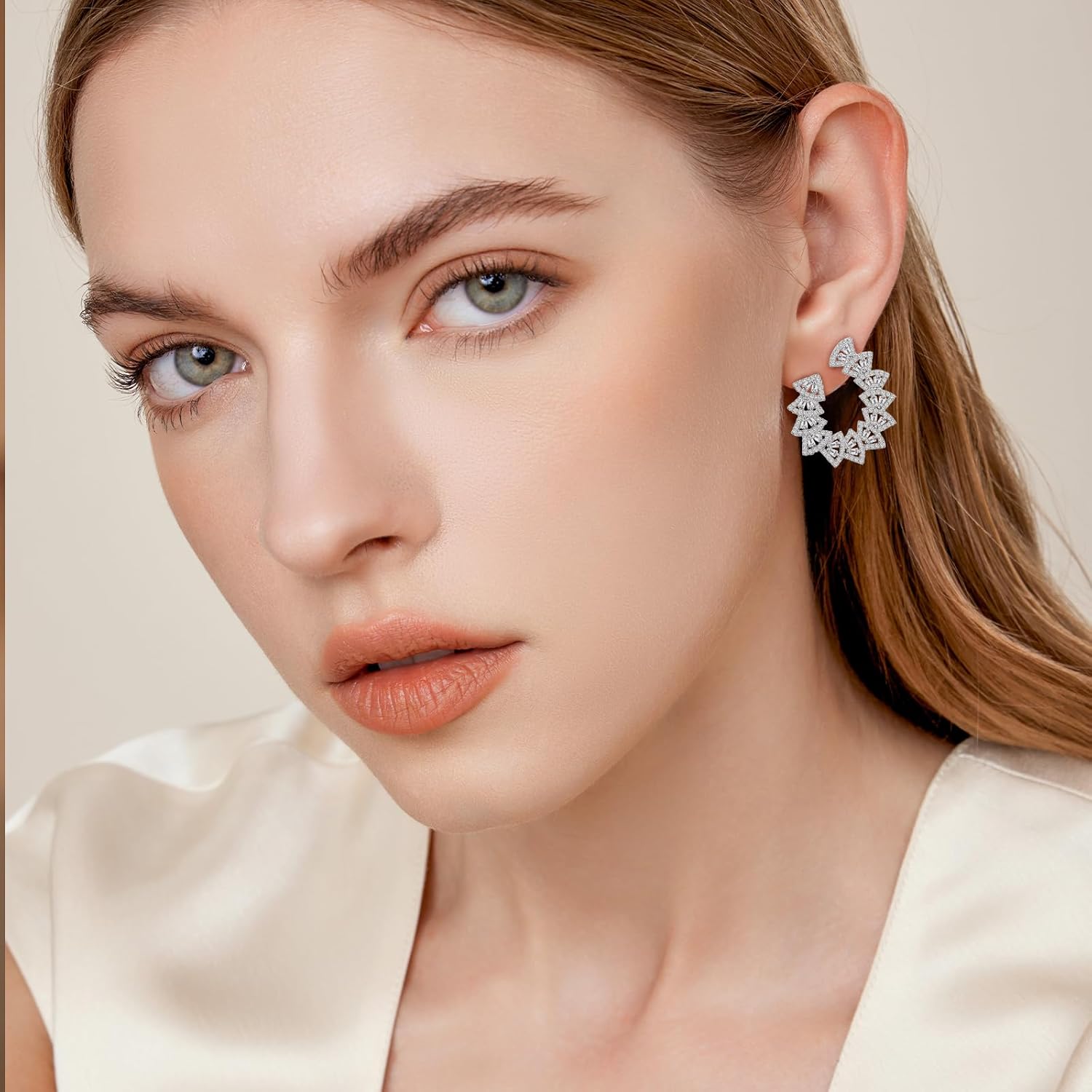 18k Gold Silver Plated Cubic Zirconia Crystal Drop Studs Earrings for Women Fan Shaped Statement Hoop Studs Earrings Gifts for Wife Mother Party Prom - Image 3