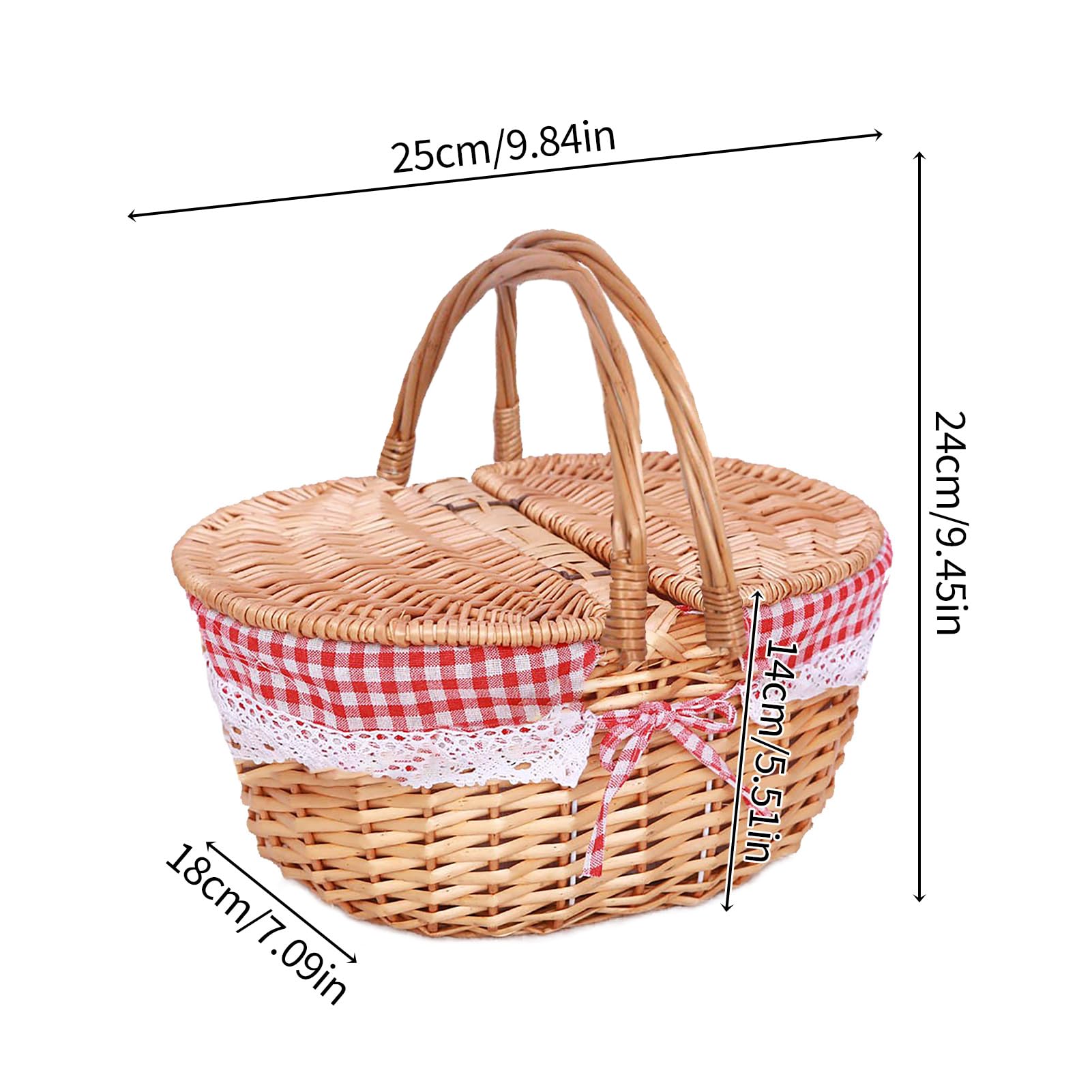 Wicker Picnic Basket with Removable Liner, Handmade Wicker Picnic Basket with Lid and Handle, Empty Picnic Baskets with Lid, Woven Easter Basket for Candy, Egg Gathering,