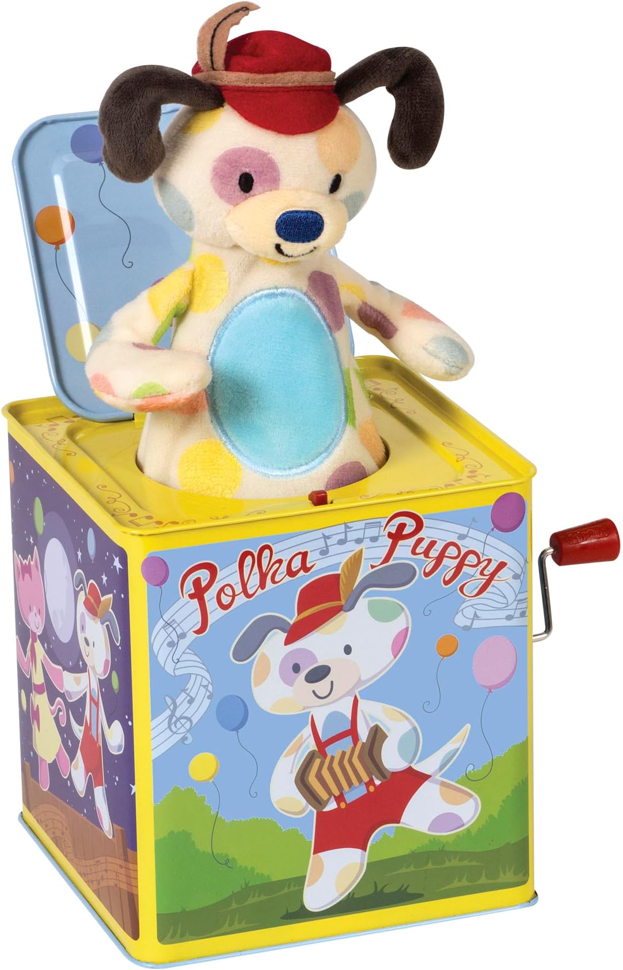 Polka Puppy Jack in the Box - Classic Children's Musical Toy that Dances - Colorful Embossed Tin Box and Lovable Puppy Plush - Age 18 months and Up