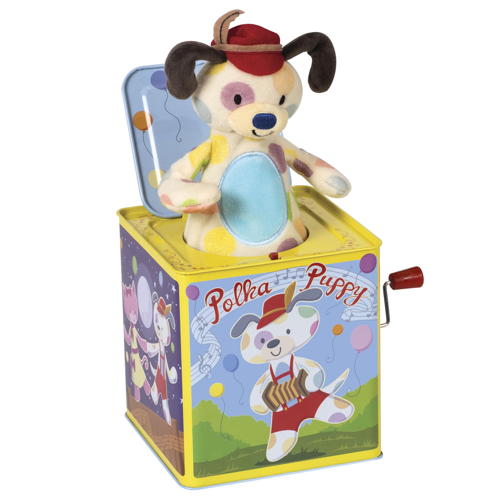 Schylling Polka Puppy Jack in the Box - Classic Children's Musical Toy that Dances - Colorful Embossed Tin Box and Lovable Puppy Plush - Age 18 months and Up