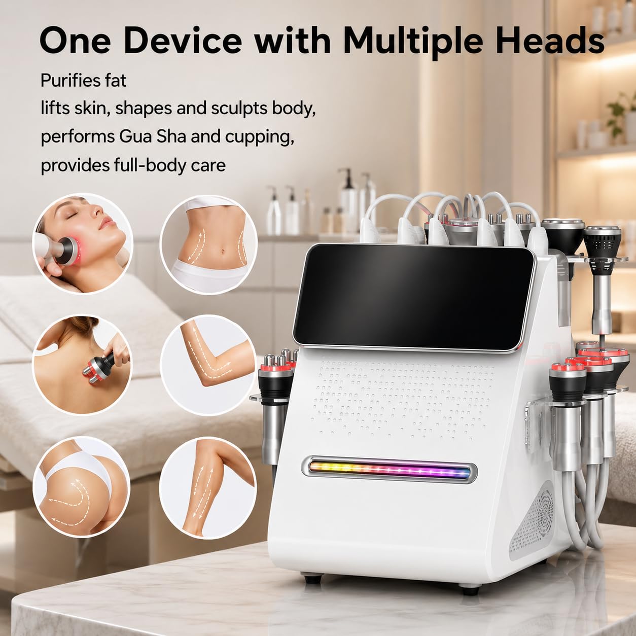macchina di contorno del corpo di vuoto rf 80K, dispositivo 11-in-1 | Cavitazione 80K, RF 1MHz, vuoto, maniglie LED e touchscreen multilingue da 6 pollici per la cura del corpo del salone