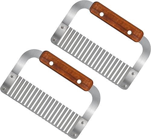 Cortador de cocina para verduras y patatas, mango de madera, cortador de ondas de acero inoxidable, juego de 2