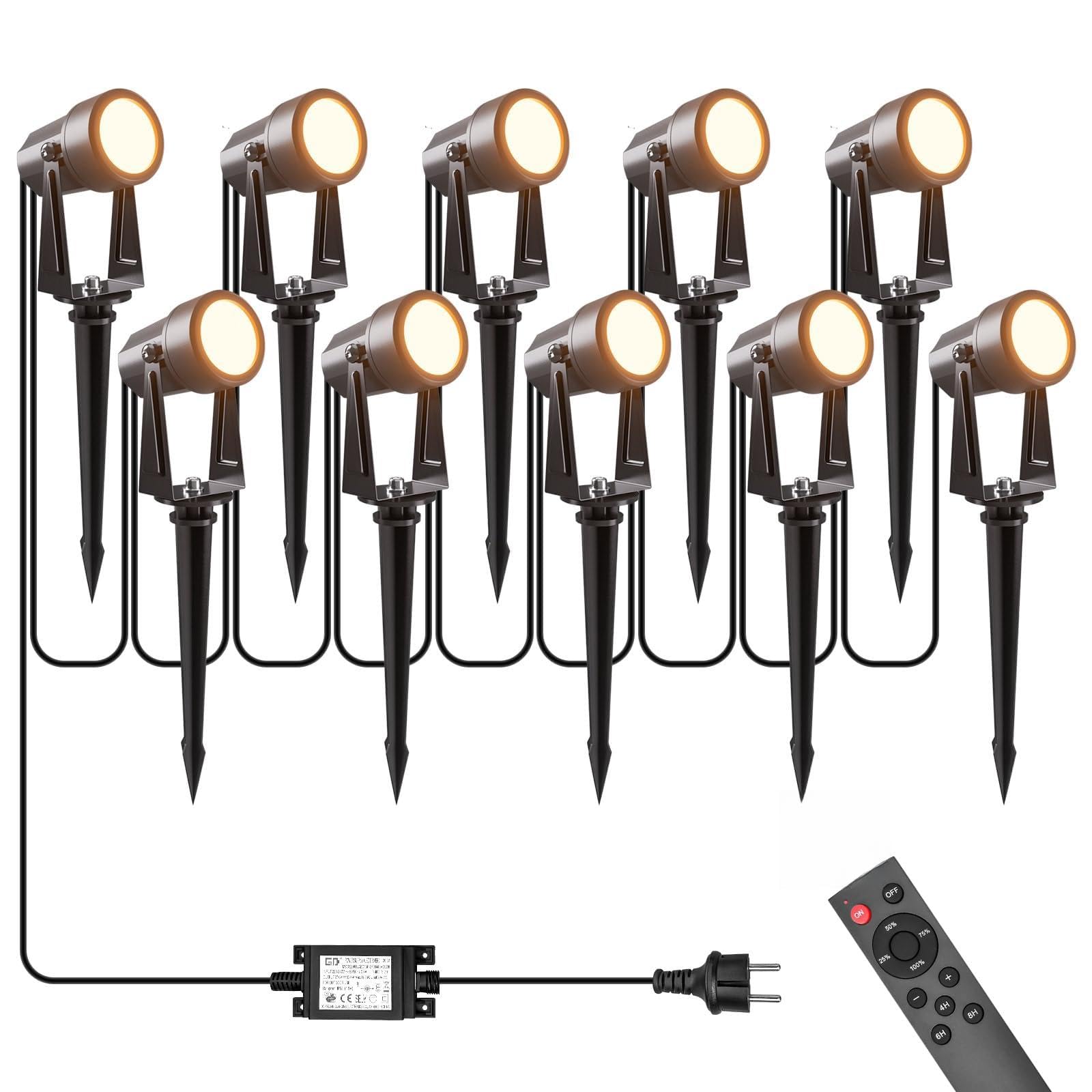 Illuminazione da giardino con alimentazione 35M, 3W*10 pezzi Faretti da esterno con Funzione telecomando e timer 3000K Bianco caldo, IP65 Impermeabili per sentieri, prati, cortili, terrazze
