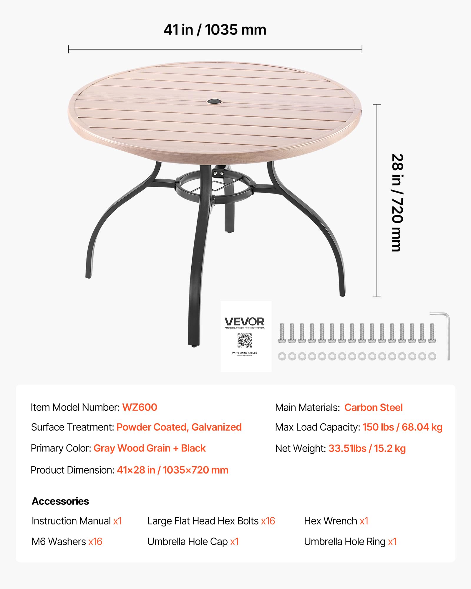 VEVOR Table à Manger pour Patio extérieur 1035 mm, Table de Bistrot Ronde en Acier Imitation Bois 4 Personnes, Trou Parasol 38 mm, Gris