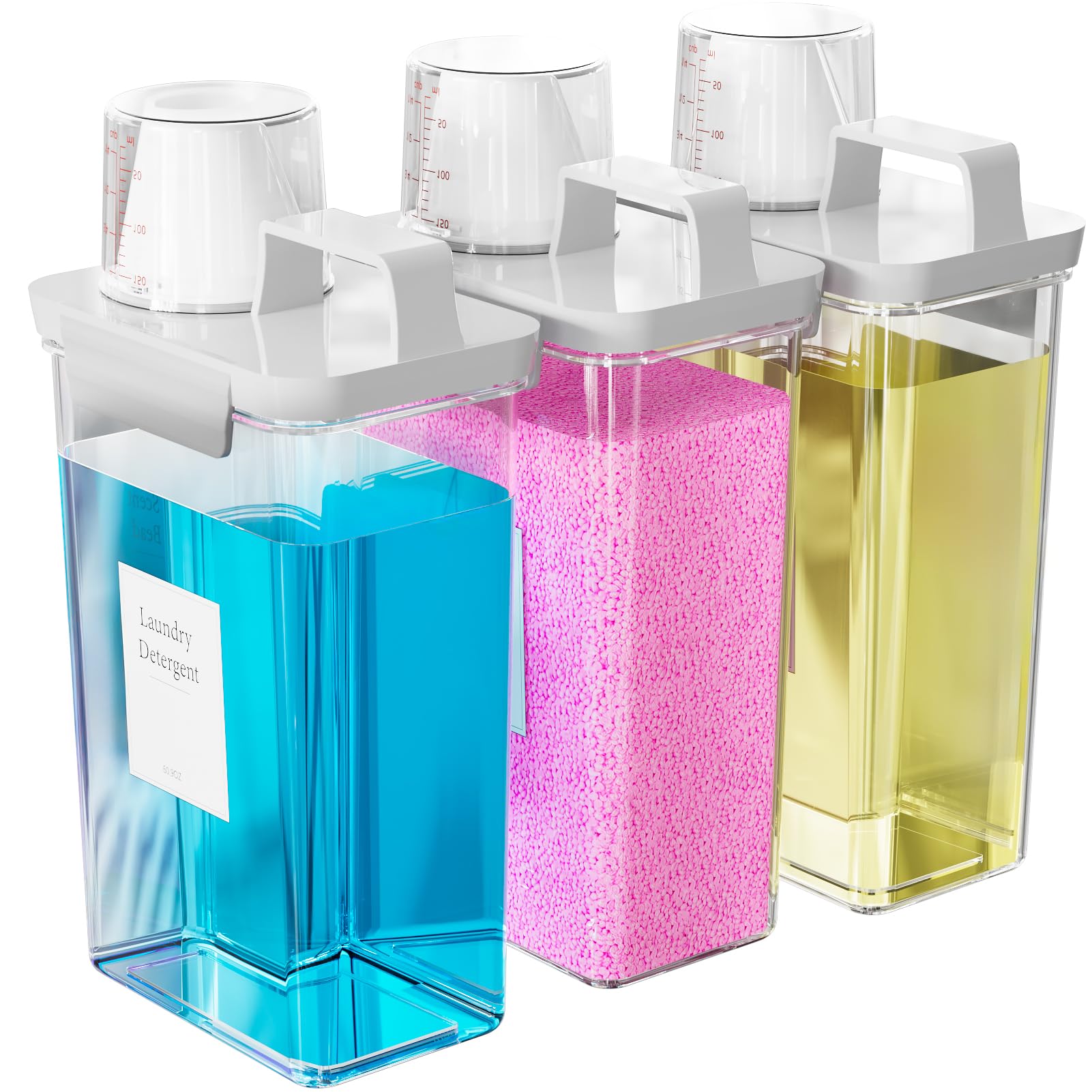 Dispenser per detersivo per bucato, confezione da 3 dispenser per liquidi, in plastica, per lavanderia, polvere e ammorbidente con etichette, trasparente