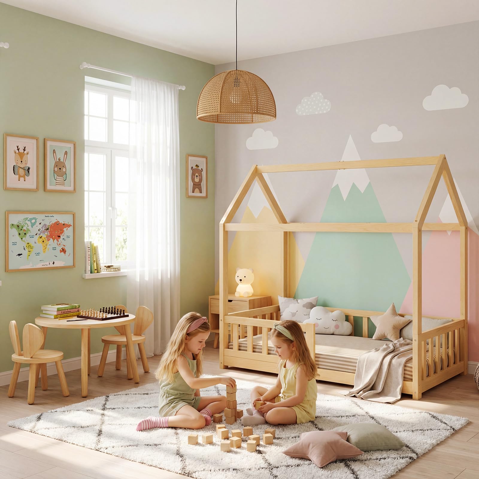 70x140cm Holz Kinder Hausbett mit Rausfallschutz und Lattenrost | Schön Montessori Bodenbett für Kleinkind, Kiefernholz Massiv Kinder Bett geeignet für Mädchen und Jungen