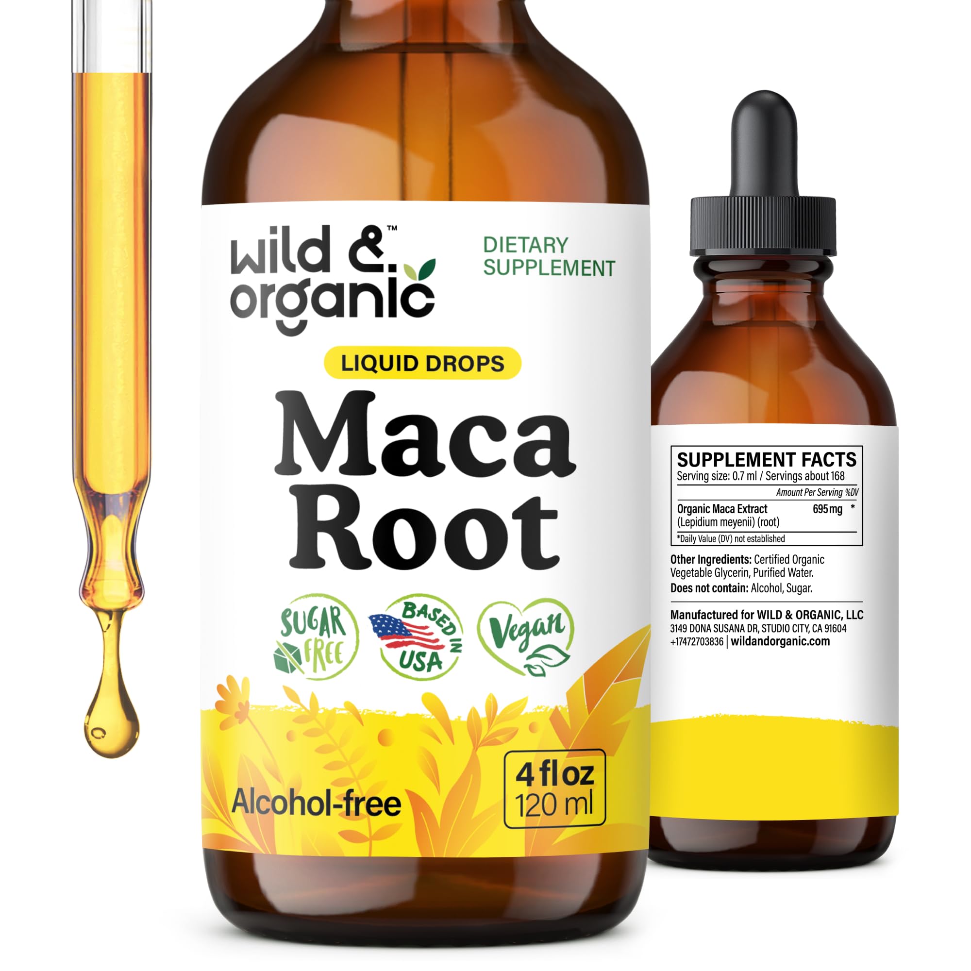 Wild & Organic Maca Root Liquid Drops for Men & Women - Peruvian Maca Tincture for Overall Support - Vegan, Sugar & Alcohol-Free Supplement - 4 fl oz