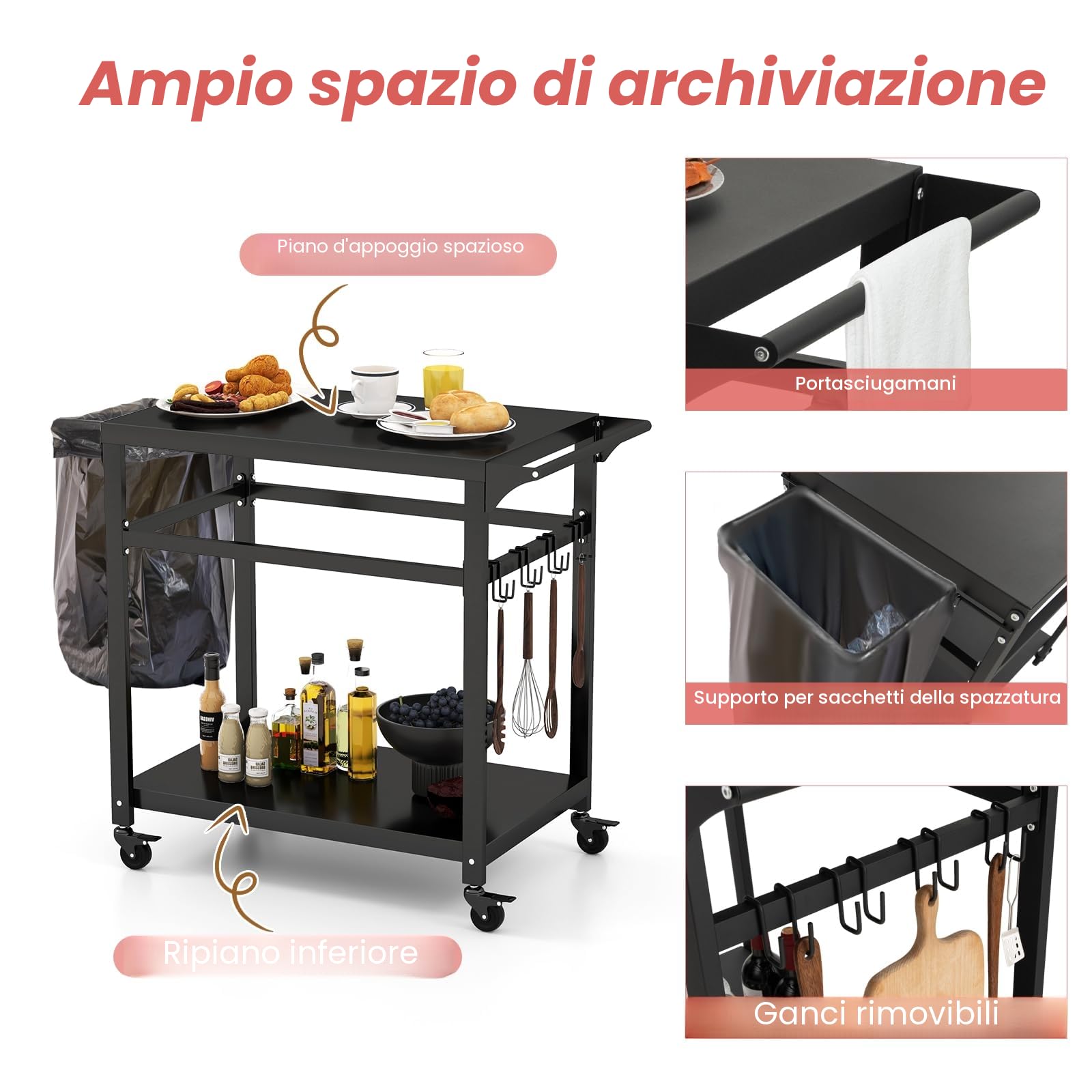 KOMFOTTEU Carrello Barbecue con Ruote in Metallo, Carrello per Grigliare con Tavolo da Lavoro, 2 Ripiani e Ganci, Carrello da Pranzo per BBQ per Esterni, Nero