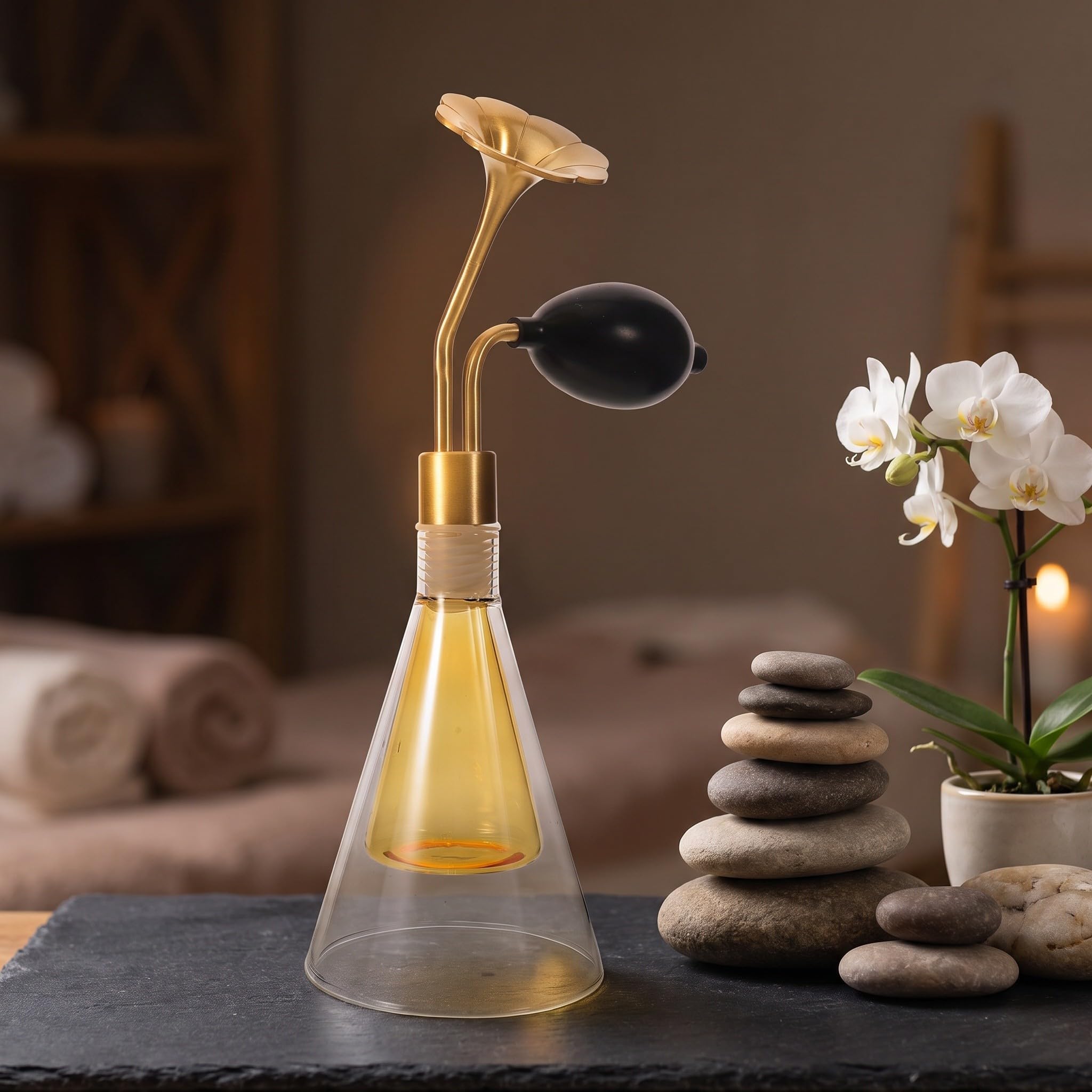 Cabilock Flacone Profumato in Vetro Oro 90ml con Pompa Corta in Rame | Design Retrò, Ugello Floreale e Testa a Imbuto in Ottone, per Vanità e Spa Aromatica