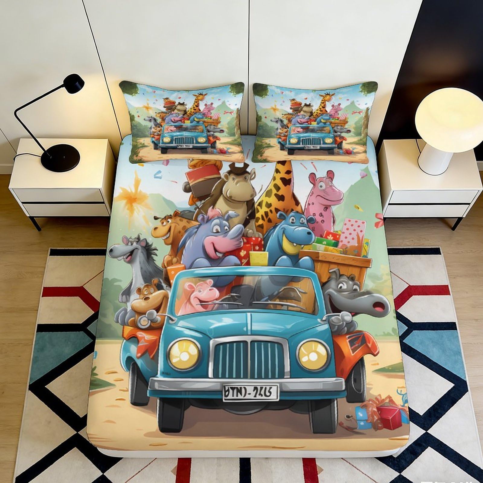 3D Printed Animal Paradise Fitted Sheet Microfiber Deep Pocket Bedroom Bedding Monkey Cartoon Mattress Fitted Cover Non-Slip Washable for All Ages 140x200x25cm