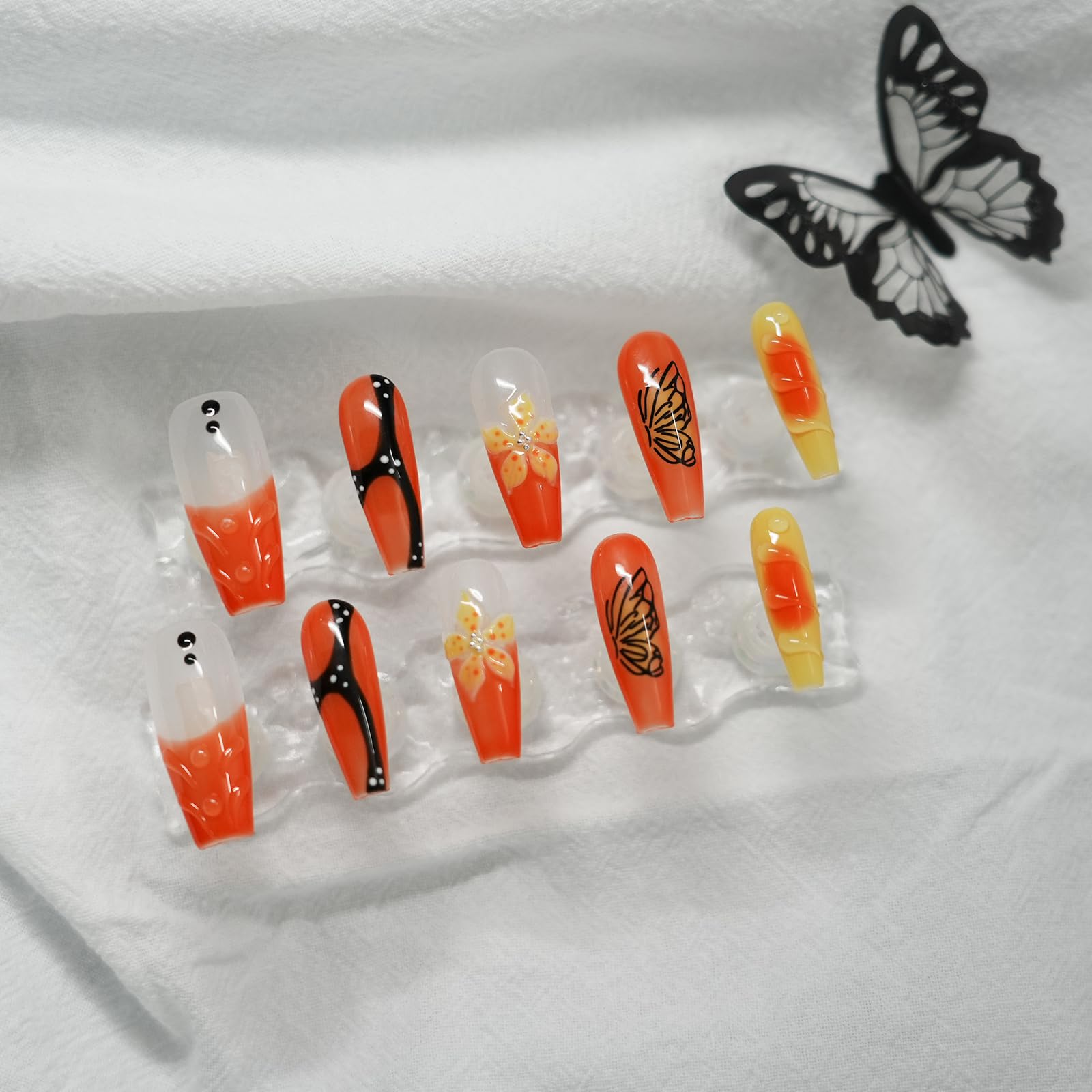 Tesytto Handmade Press on Nails Long Coffin Muti-Layer Gel Fake Nails - 3D Lotus Flowers & Tiger Print, French Tip Glossy Thick Acrylic Nails (Playful Zebra with Lotus,S): M Mango Sago