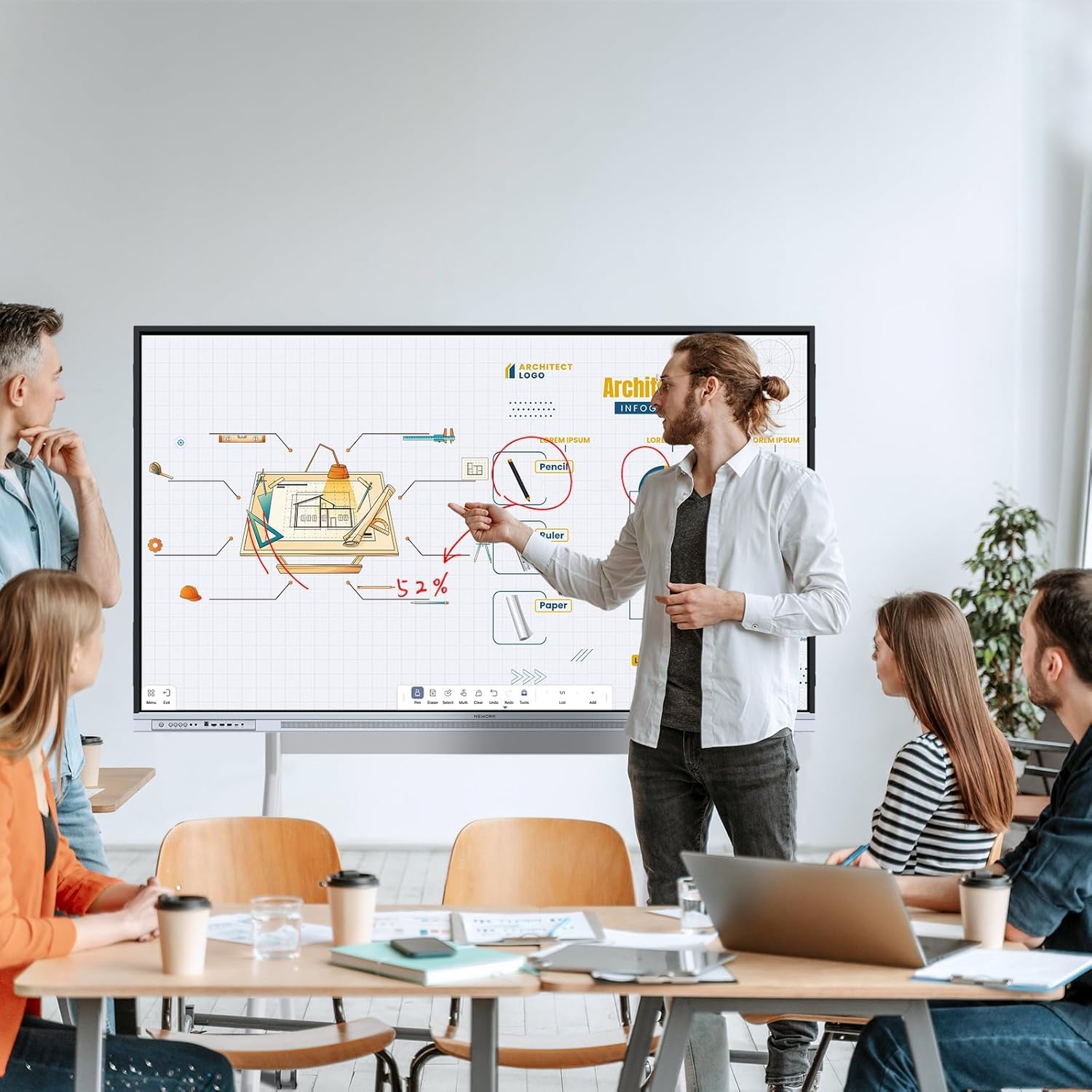 Interaktives Whiteboard 75 Zoll Smartboard ,4K UHD Touchscreen Android 14,Google EDLA Zertifiziert Digitale Whiteboard, für Büro Schule, Wandhalterung
