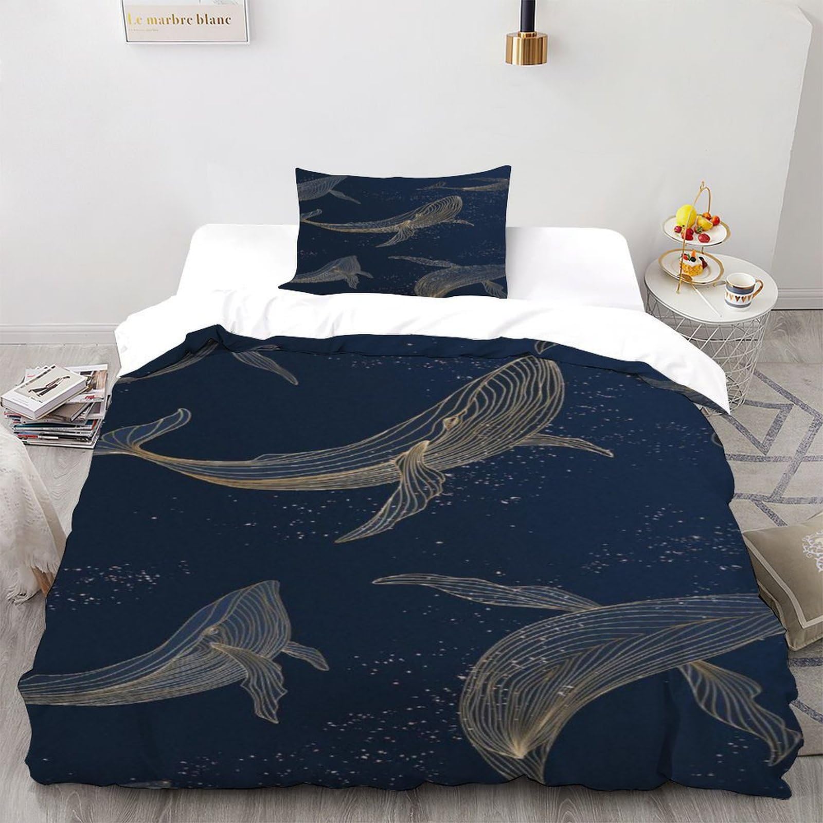 SHOVERKD Whale Dark Blue Bedding Set Theme Bedspread Animal Themes Marine Animals Duvet Cover Set Microfiber Comforter Cover Universal for All Seasons with Pillowcase Single（135x200cm）