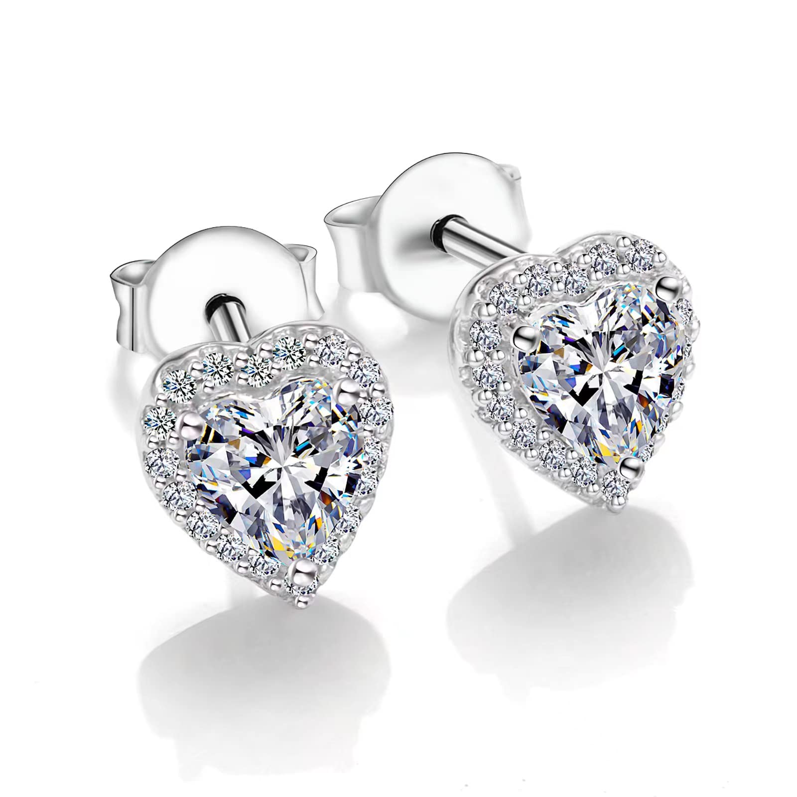 HMJ Mossiante Love Heart Stud Earrings for Women Men 1CT/2CT Diamond 18K White Gold Plated 925 Sterl