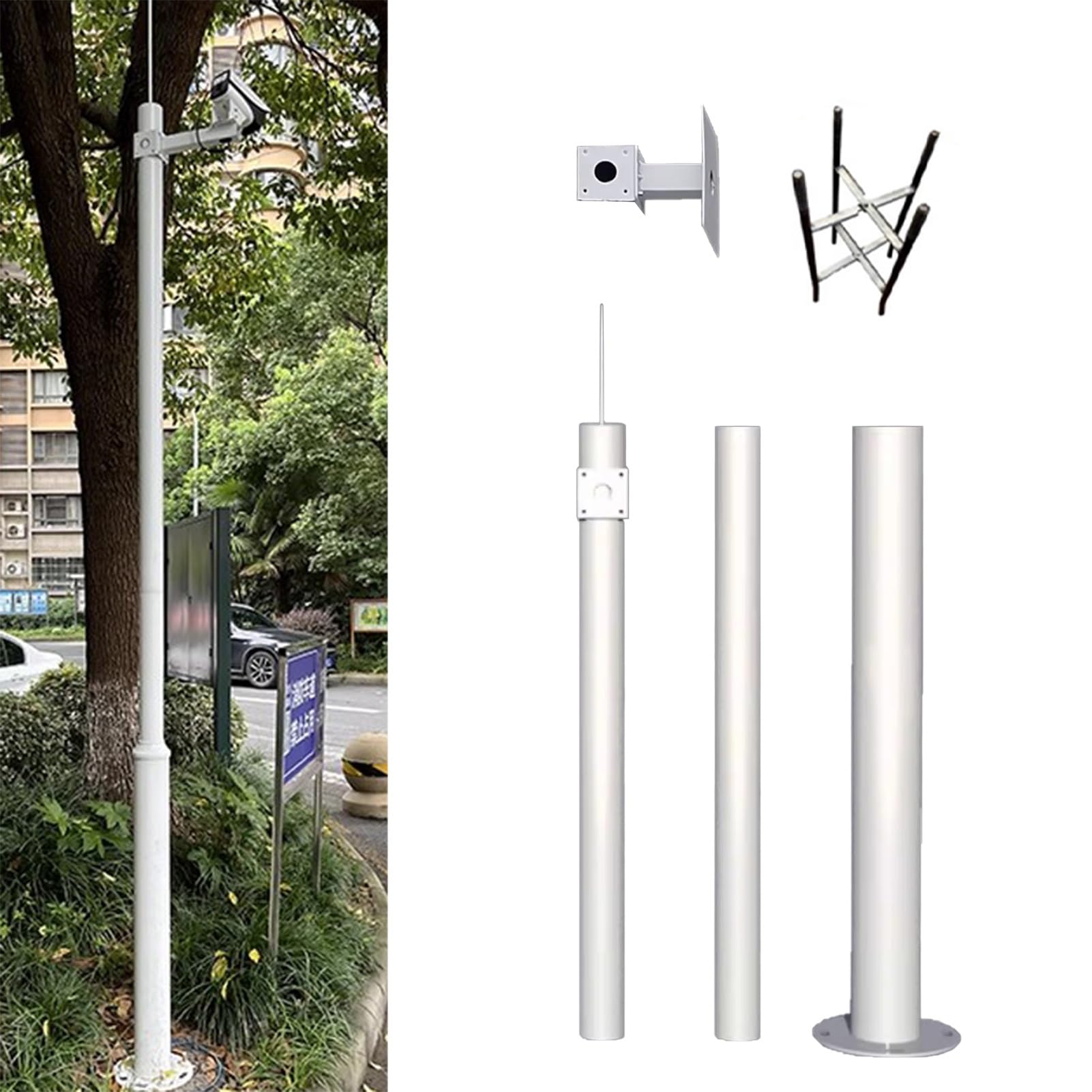 Blazea Security Camera Pole for Outdoor, Solar Panels Camera Mount with Ground Stake, White Sectional Surveillance Camera Rack Stand Round Post(ligjt Grey,4.5m (14.8ft))