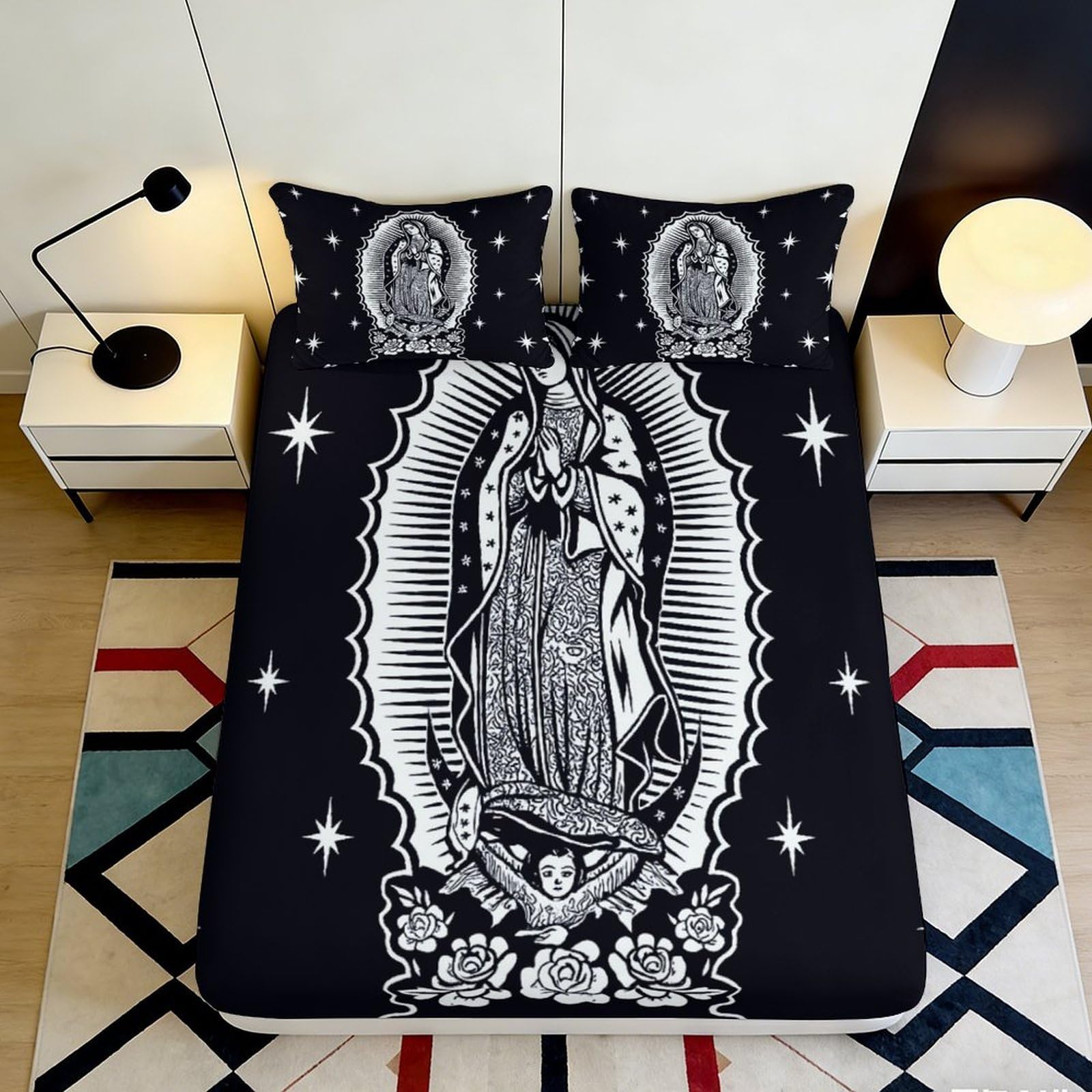 3D Printed Virgin Mary Black Fitted Sheet Microfiber Non Slip Mattress Cover for Bedroom Dorm Easy Care 90x200x25cm