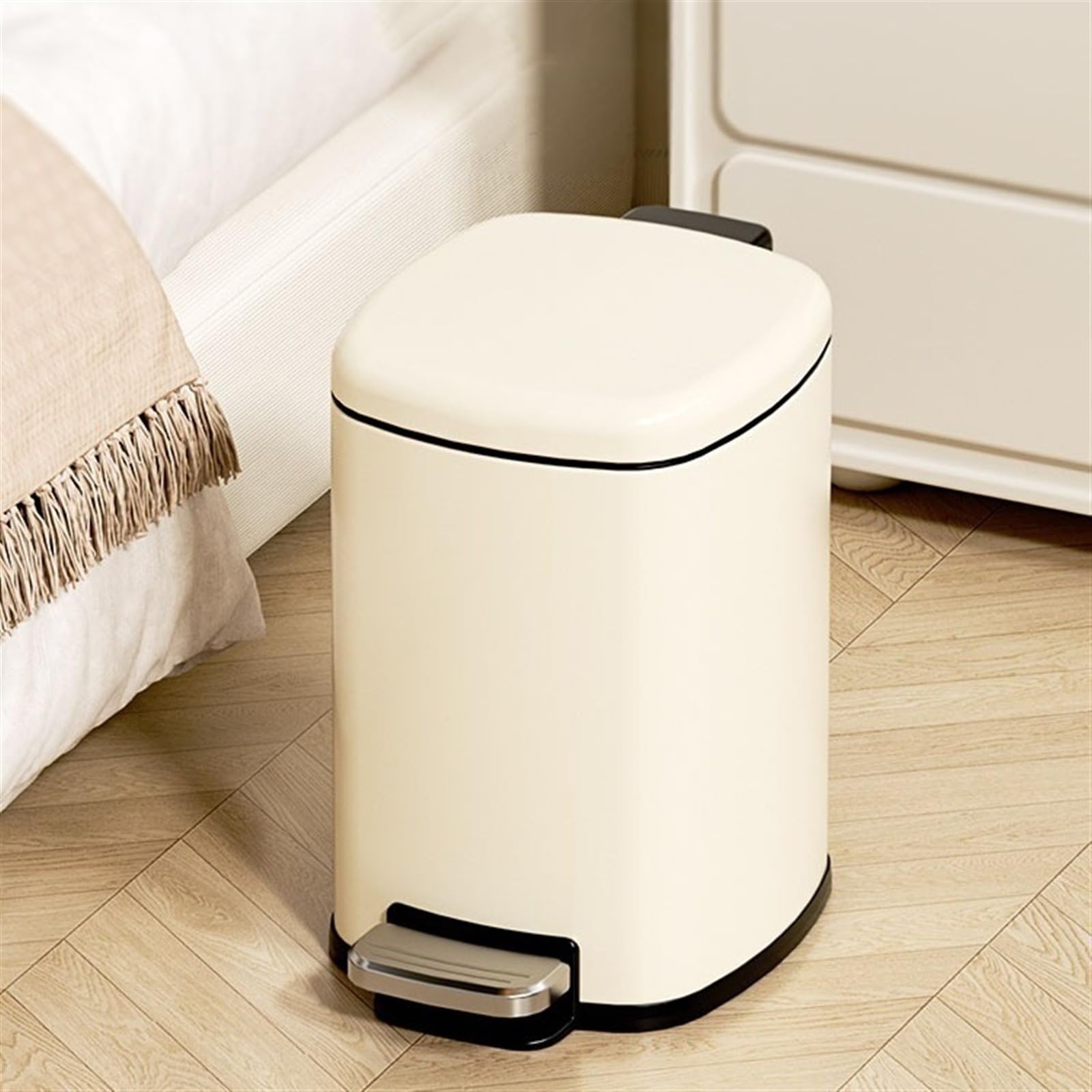 Runder Mülleimer aus Metall mit Fußpedal, Tritt-Mülleimer aus Edelstahl, herausnehmbarem Inneneimer und Griff for Wohnzimmer, Schlafzimmer, Badezimmer(White,15L)